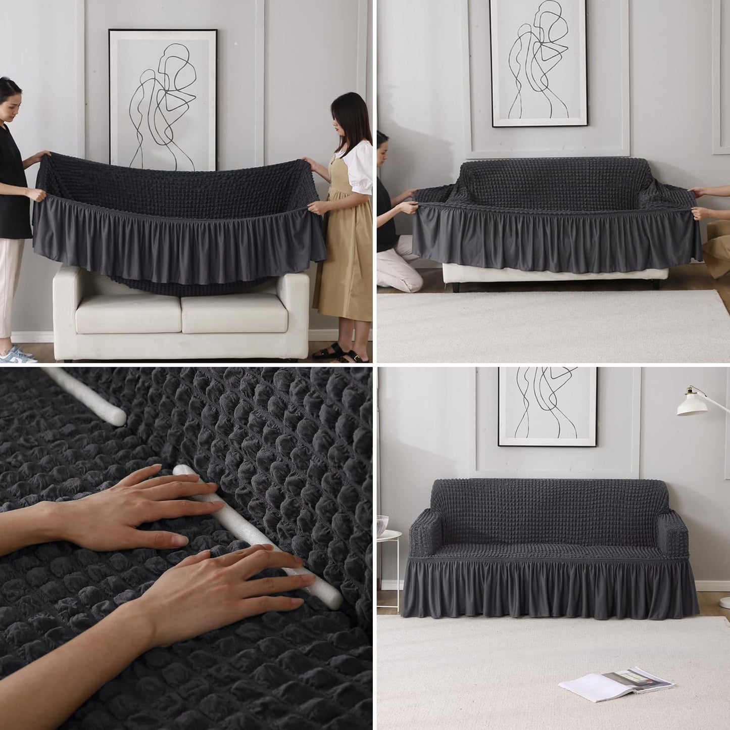 How to put Anchor Grey stretchable Turkish Bubble frill sofa cover guide