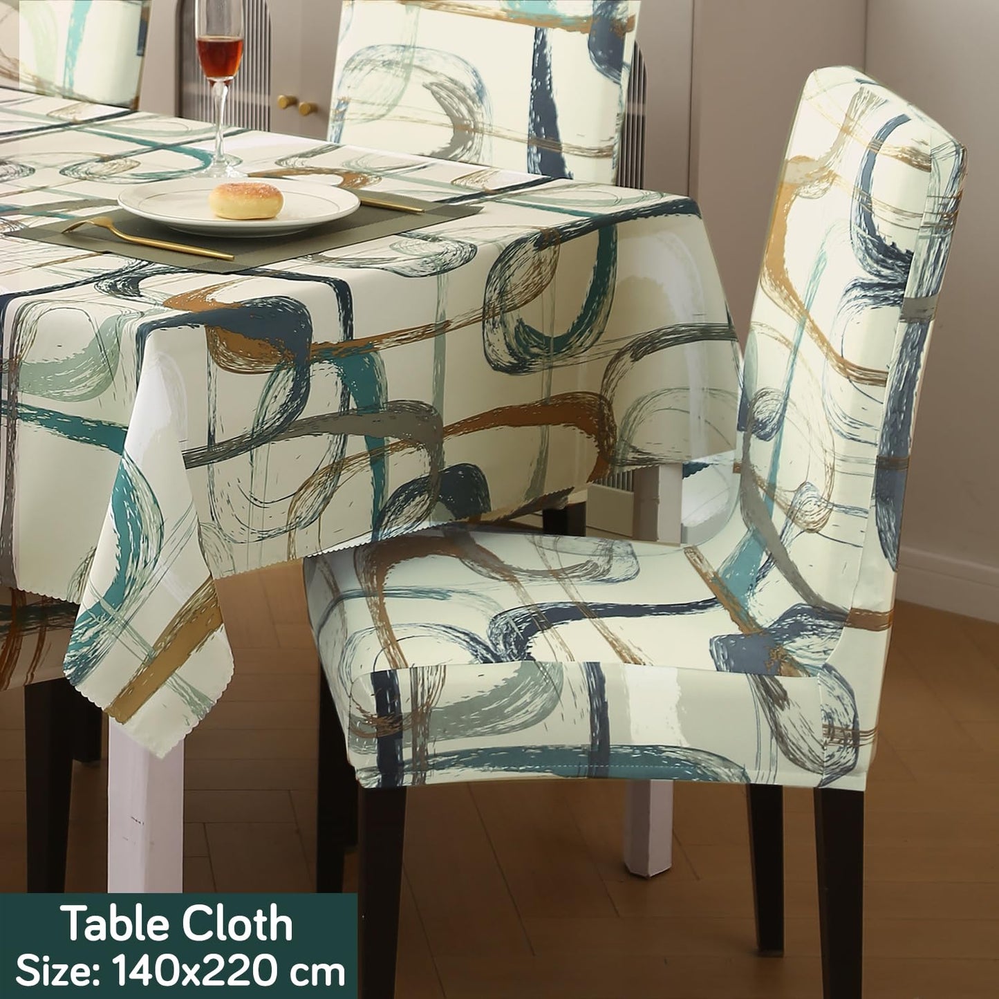 Elastic Dining Chair Covers with Matching Tablecloth, Parchement Beige Abstract Art