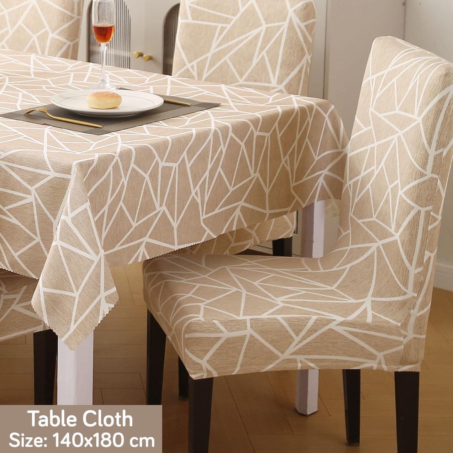Elastic Dining Chair Covers with Matching Tablecloth, Beige Abstract Geometry