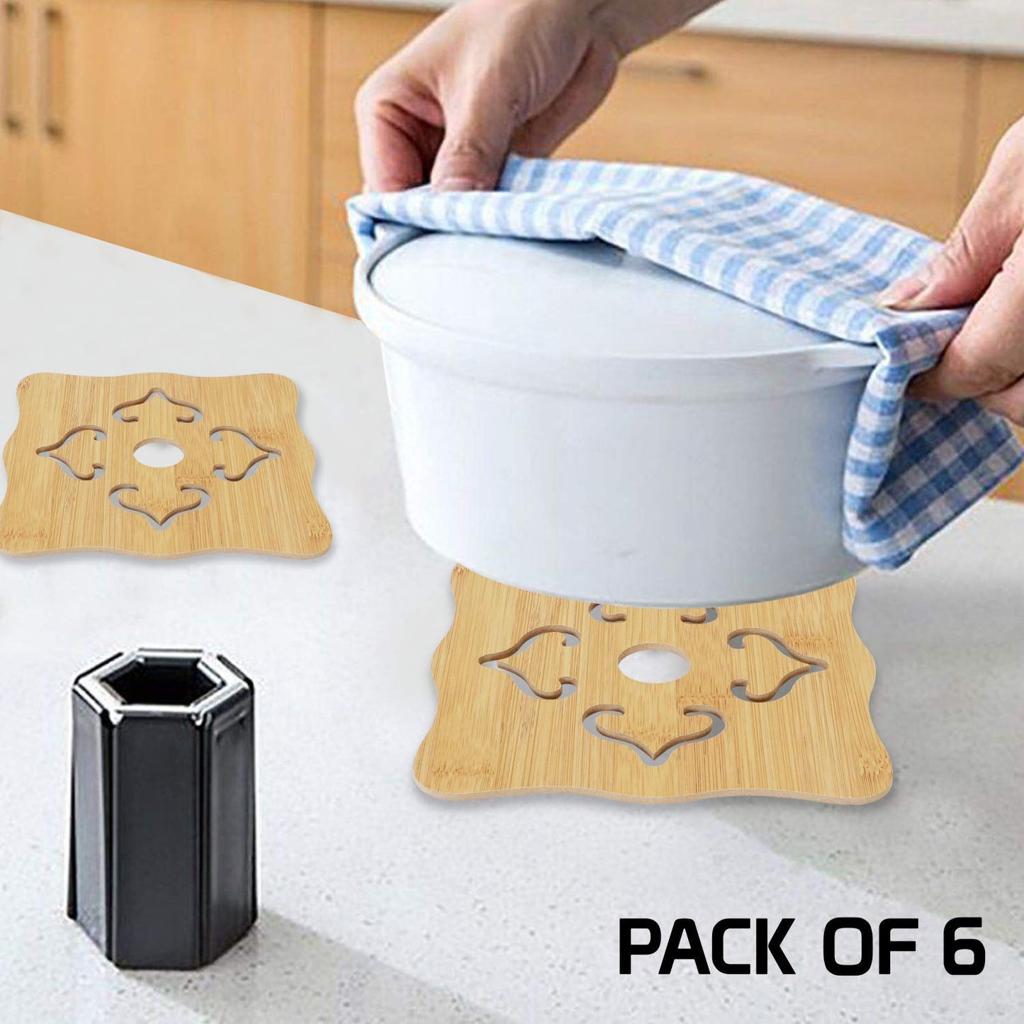 Bamboo Wooden Coasters for Home Pan Pot Holder & Dining Table Heat Pad for Kitchen - Pack of 2/4/6