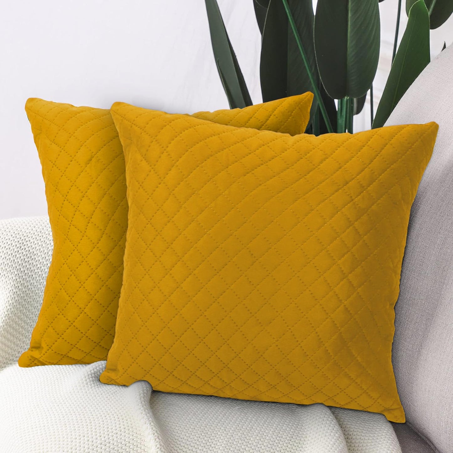 Quilted Velvet Sofa Cushion Cover Pack of 2, Mustard Yellow