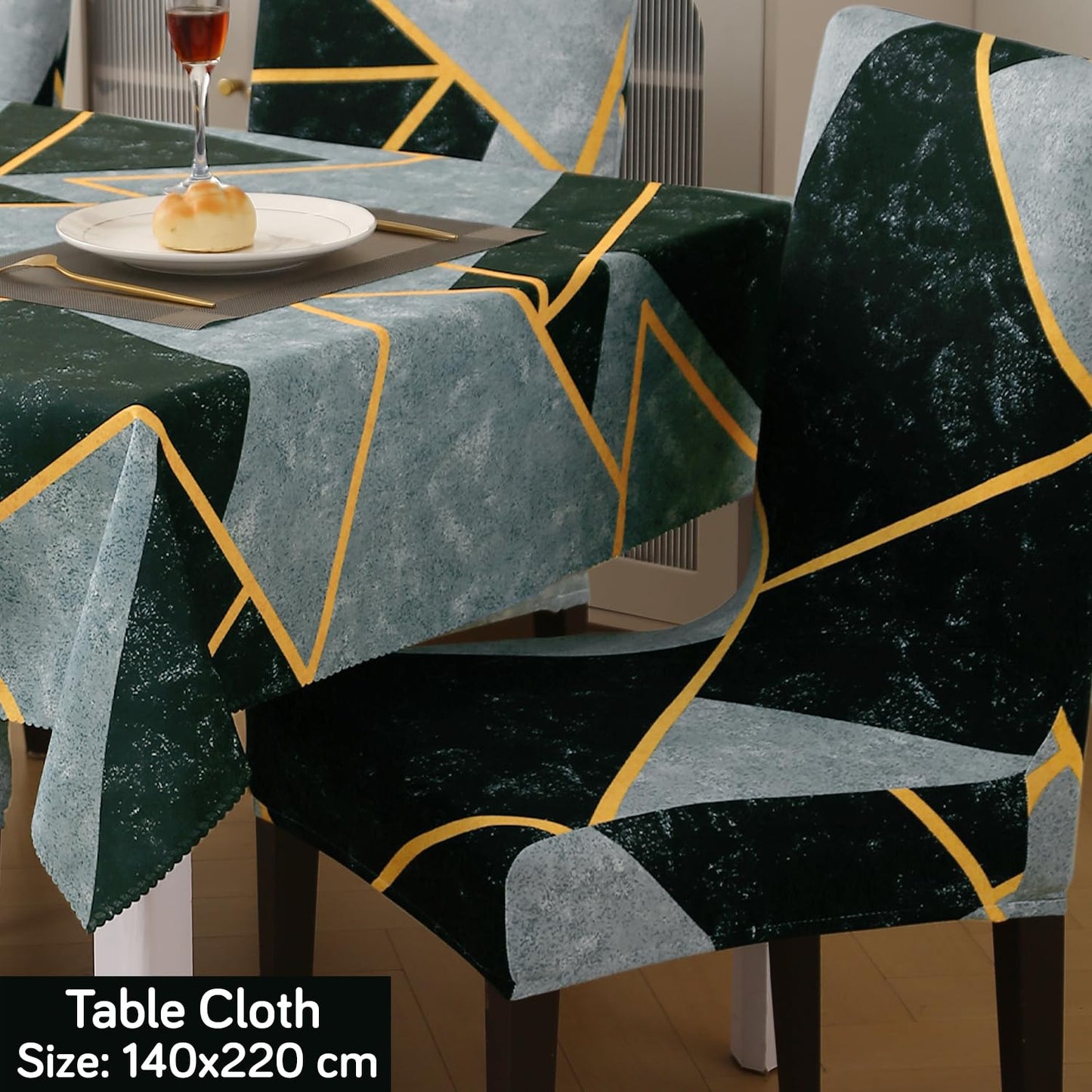 Elastic Dining Chair Covers with Matching Tablecloth, Multicolor Abstract Geometry