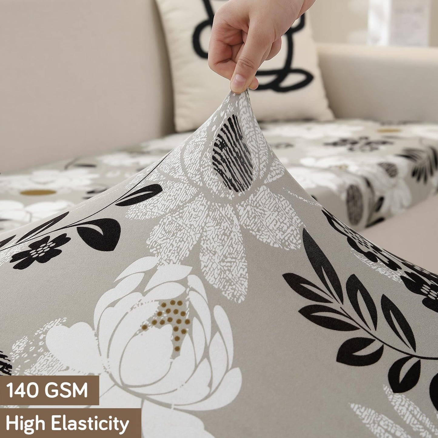 140 GSM Stretchable Printed Elastic Sofa Cushion Seat Cover for 1 /2 /3 Seaters / Pieces for Sofa, Feather Brown Floral