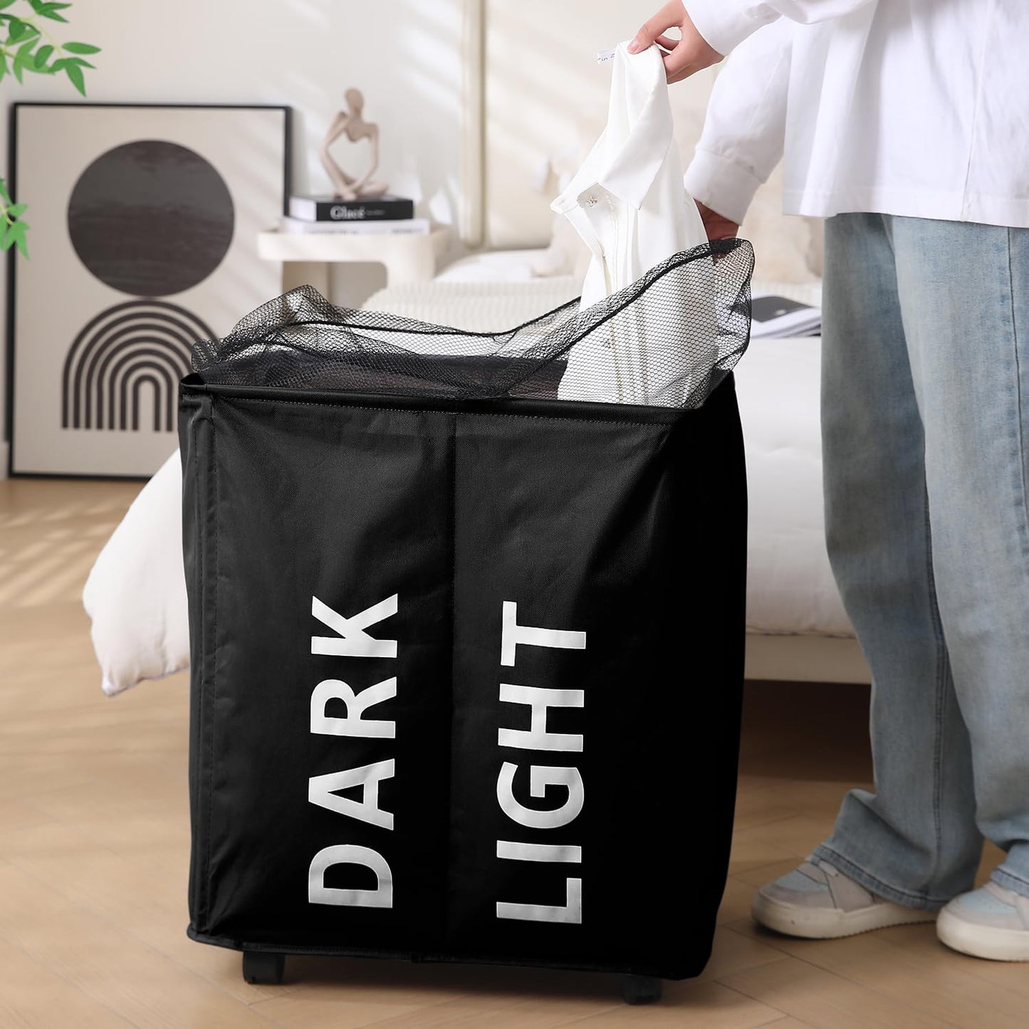Large Laundry Basket Foldable Hamper With Wheels, Black