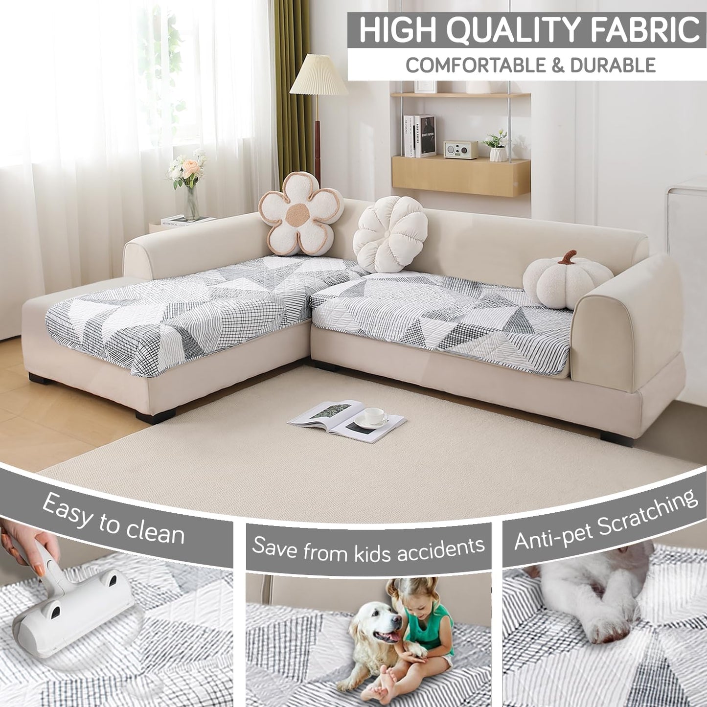 Waterproof Printed Quilted Quick Dry L Shape Sofa Seat Cover Mat, Snow White Black Geometry