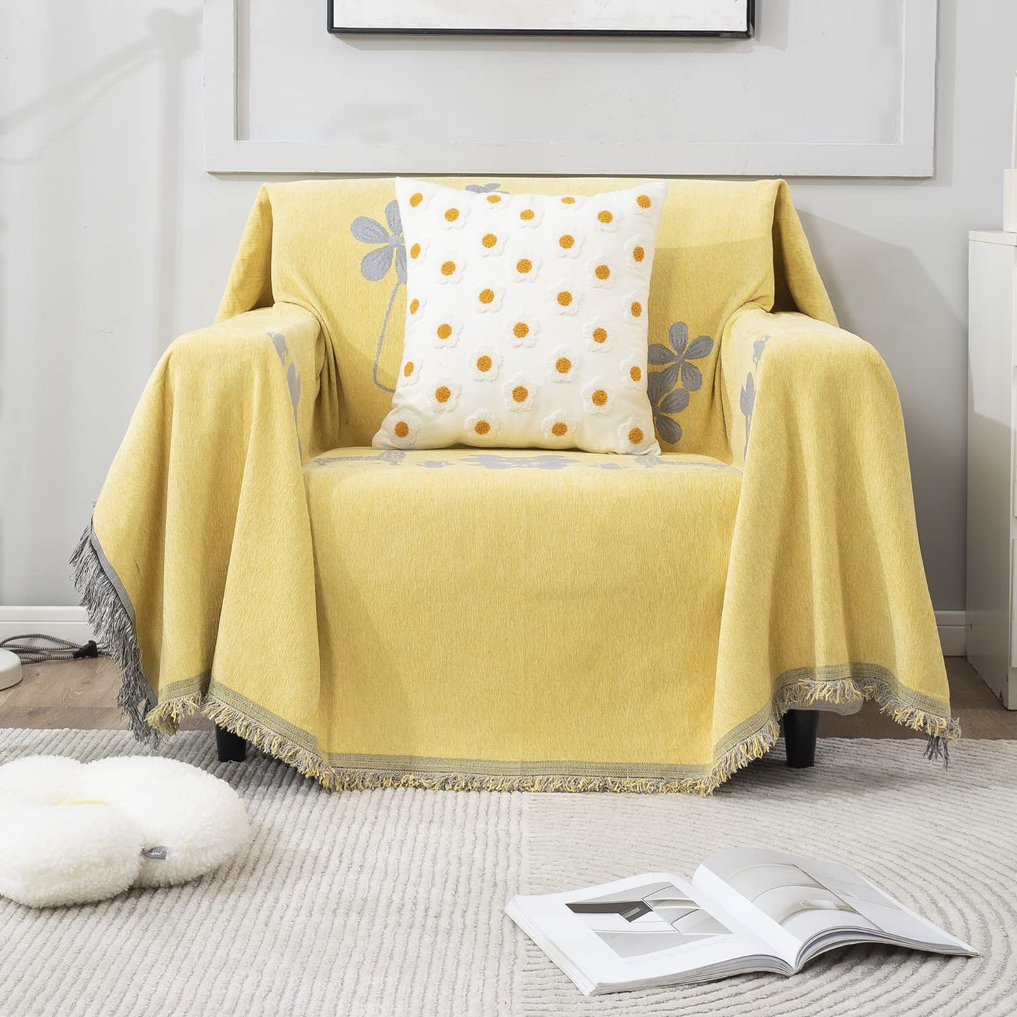 Yellow Nature Chenille Sofa Throw Blanket | 1/2/3 Seater Couch Throw