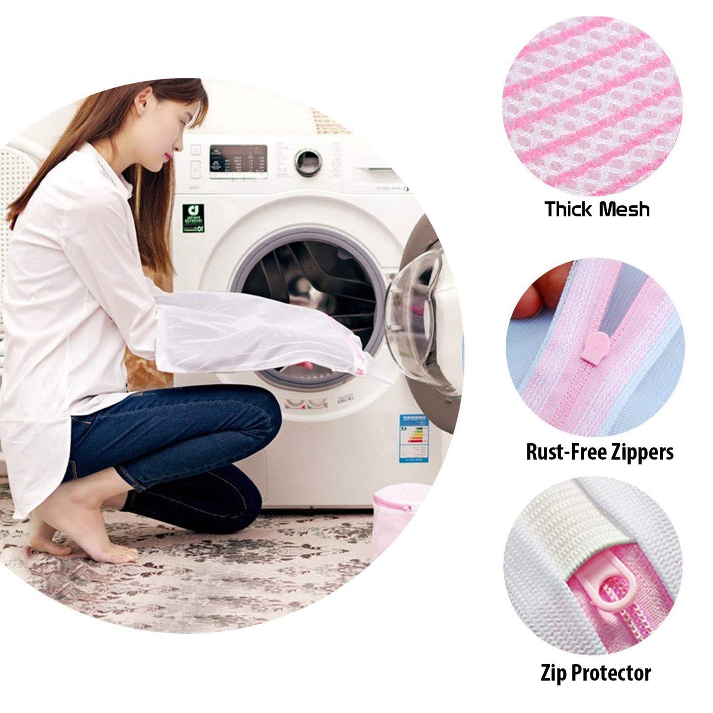 Double Layered Padded Mesh Laundry Clothes Washing Bag, Pack of 3, Pink