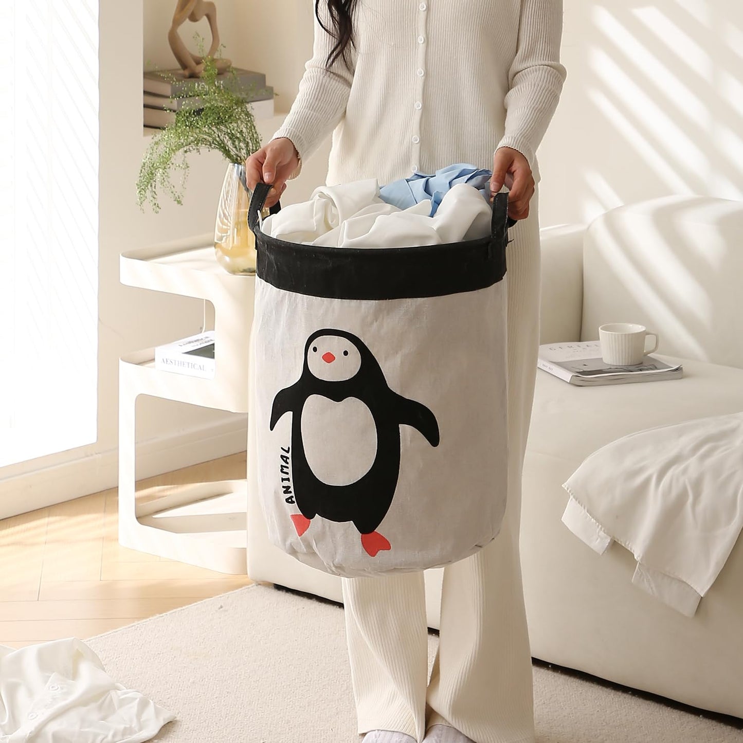 Kids Laundry Basket for Clothes, Toy Storage Bag, Penguin