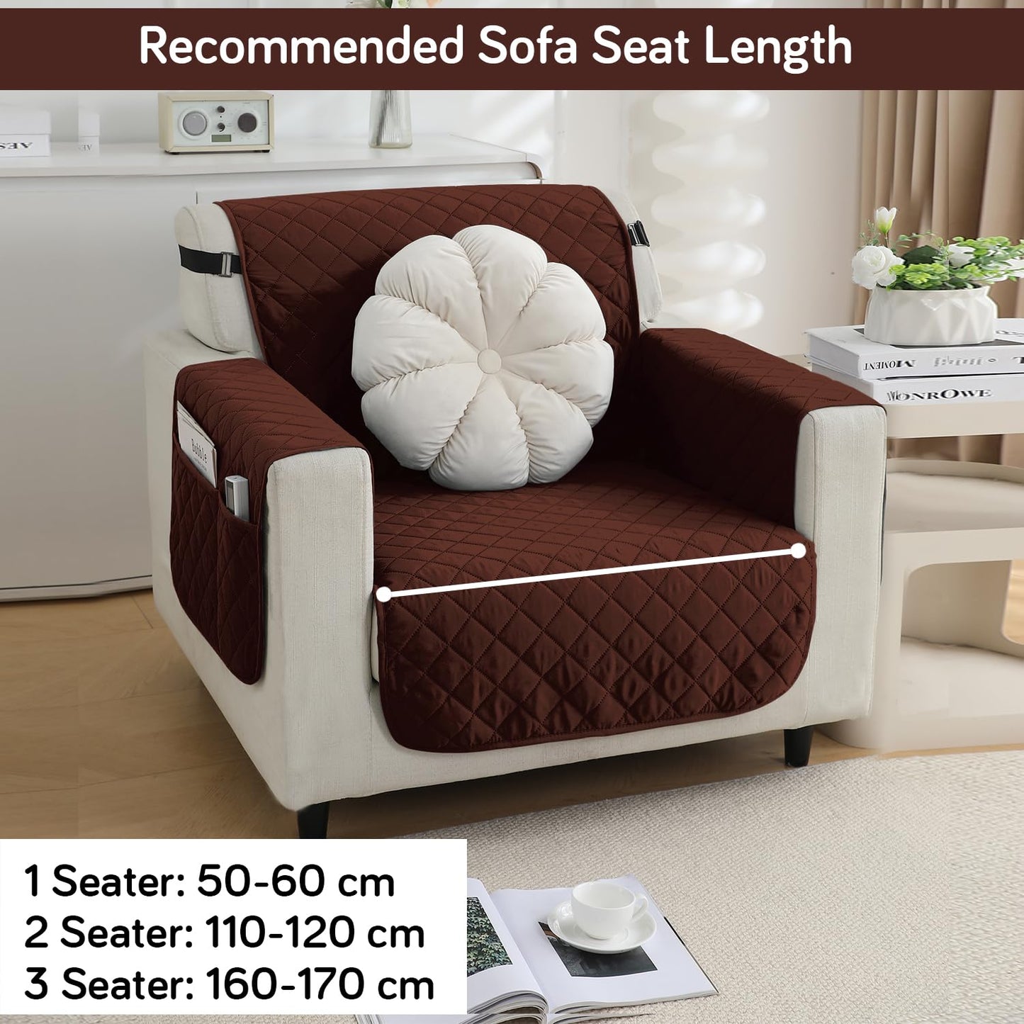 Waterproof & Quick-Dry Quilted 1/2/3-Seater Sofa Cover with Pockets on Armrest, Brown