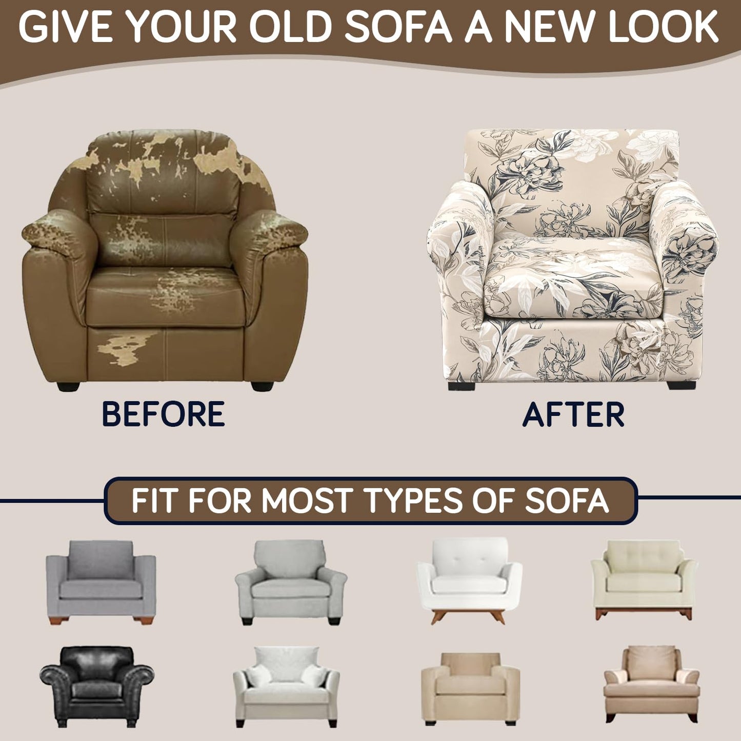Printed Stretchable Sofa Slipcover with 1/2/3 Pc Separate Seat Cushion Cover for each 1/2/3 Seater, Beige Vintage Peony