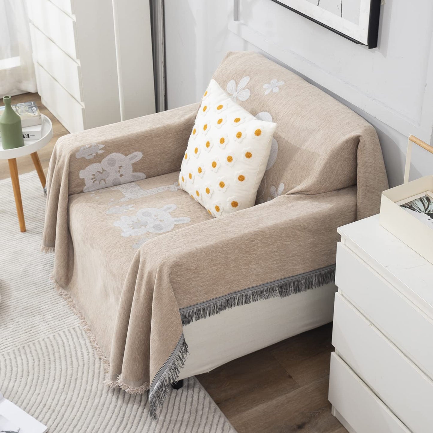 Beige Nature, Soft and Pet Friendly Chenille Sofa Cover Throw