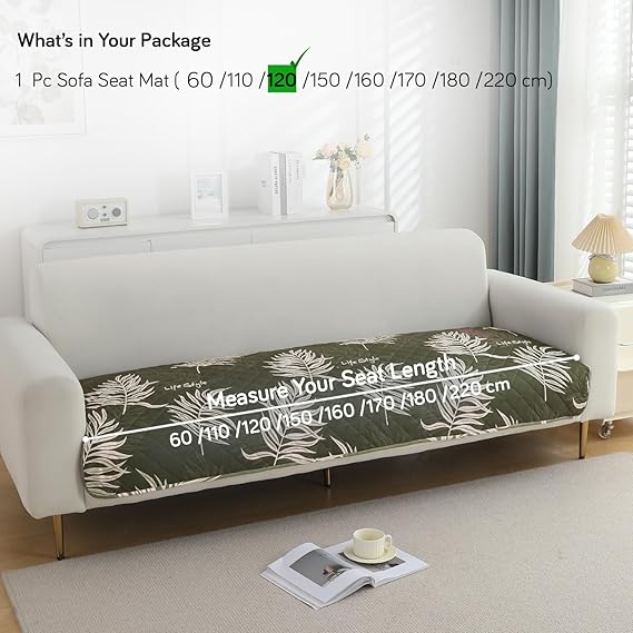 Quilted, Waterproof and Anti-Slip Sofa Cover Mat, Palm Leaves Olive