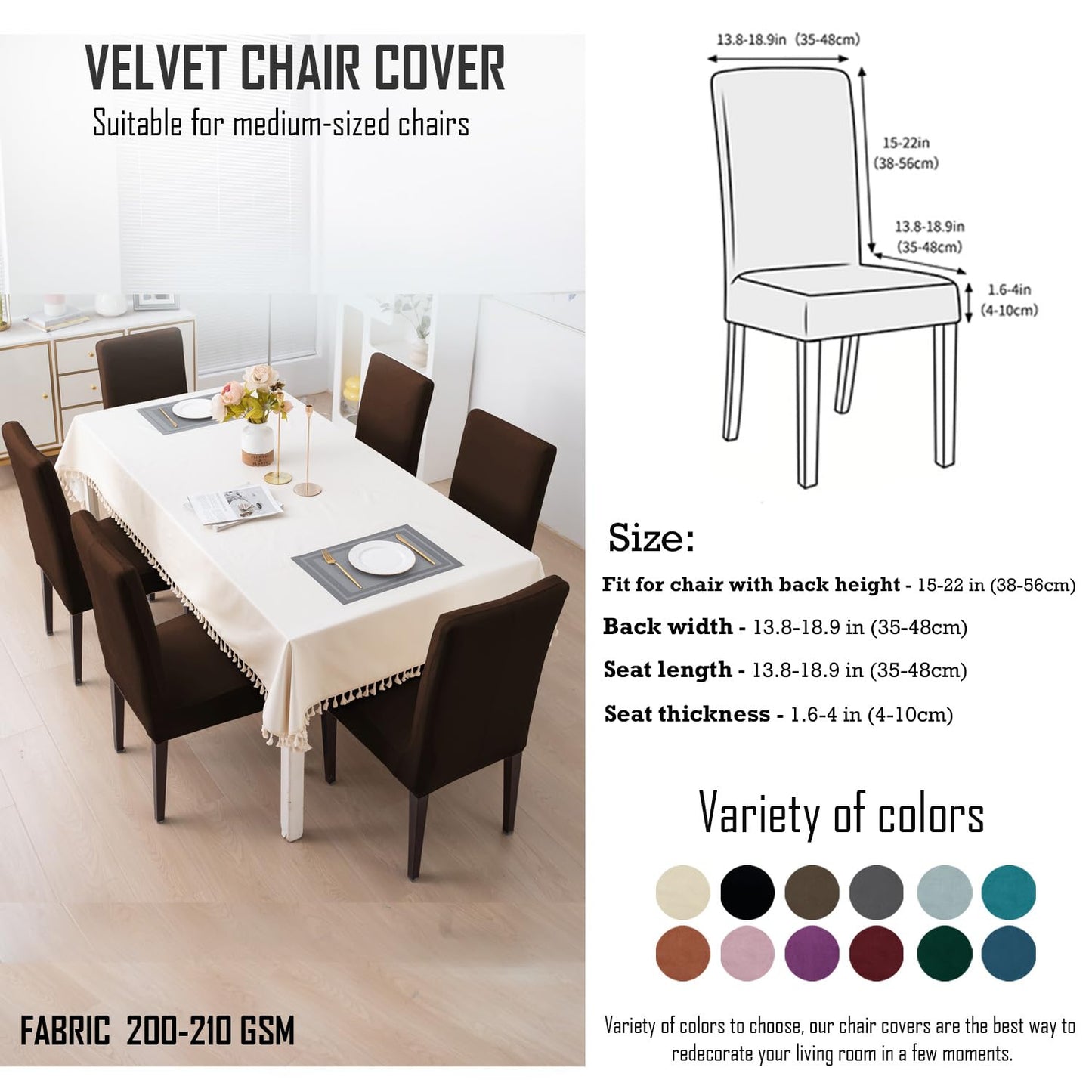 Elastic Stretchable Premium Velvet Dining Chair Cover, Brown
