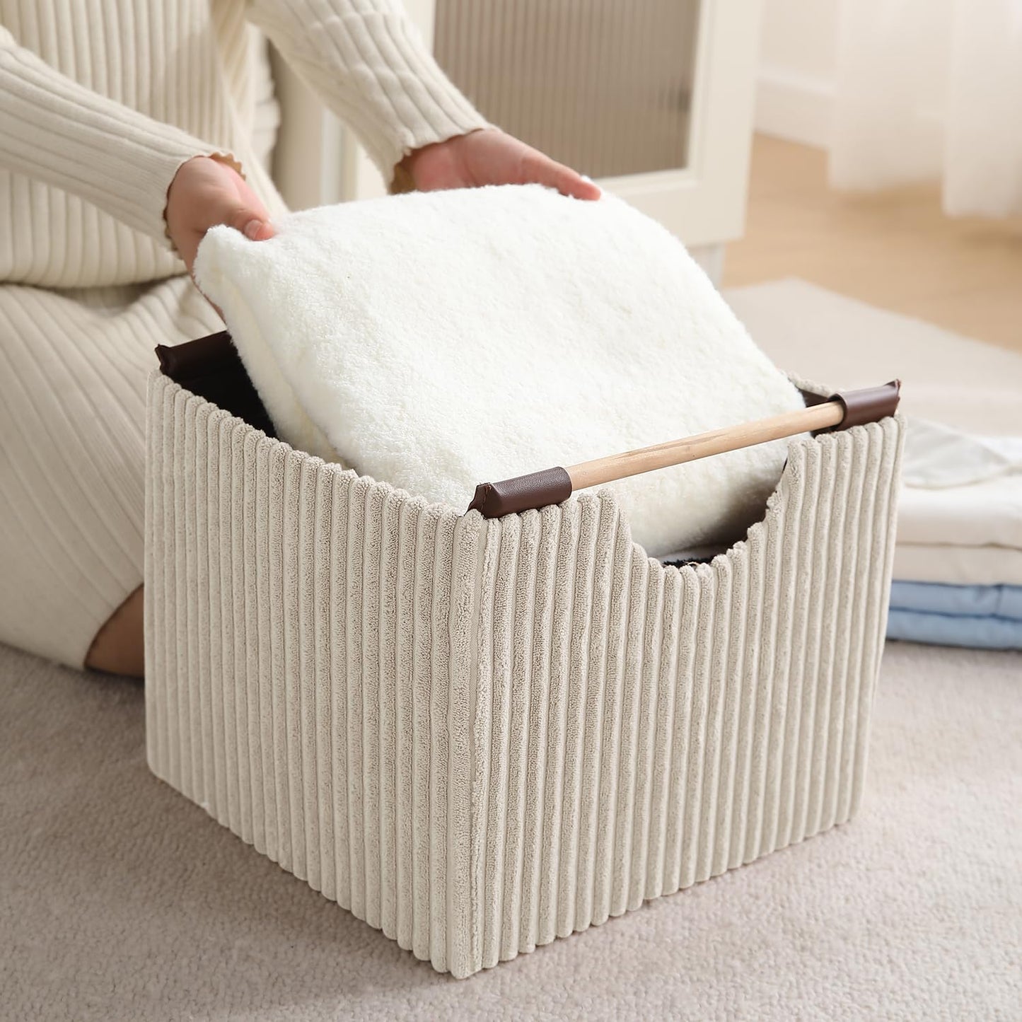 Premium Foldable Storage Bin with Wooden Handles | Corduroy Fabric Organizer Box for Wardrobe, Books, Clothes & Misc Items, Camel
