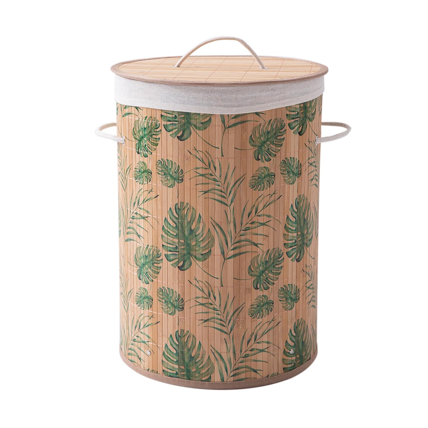 Eco-Friendly Foldable Bamboo Laundry Basket Hamper with Lid, Large, 61 Litre, Tropical Leaves