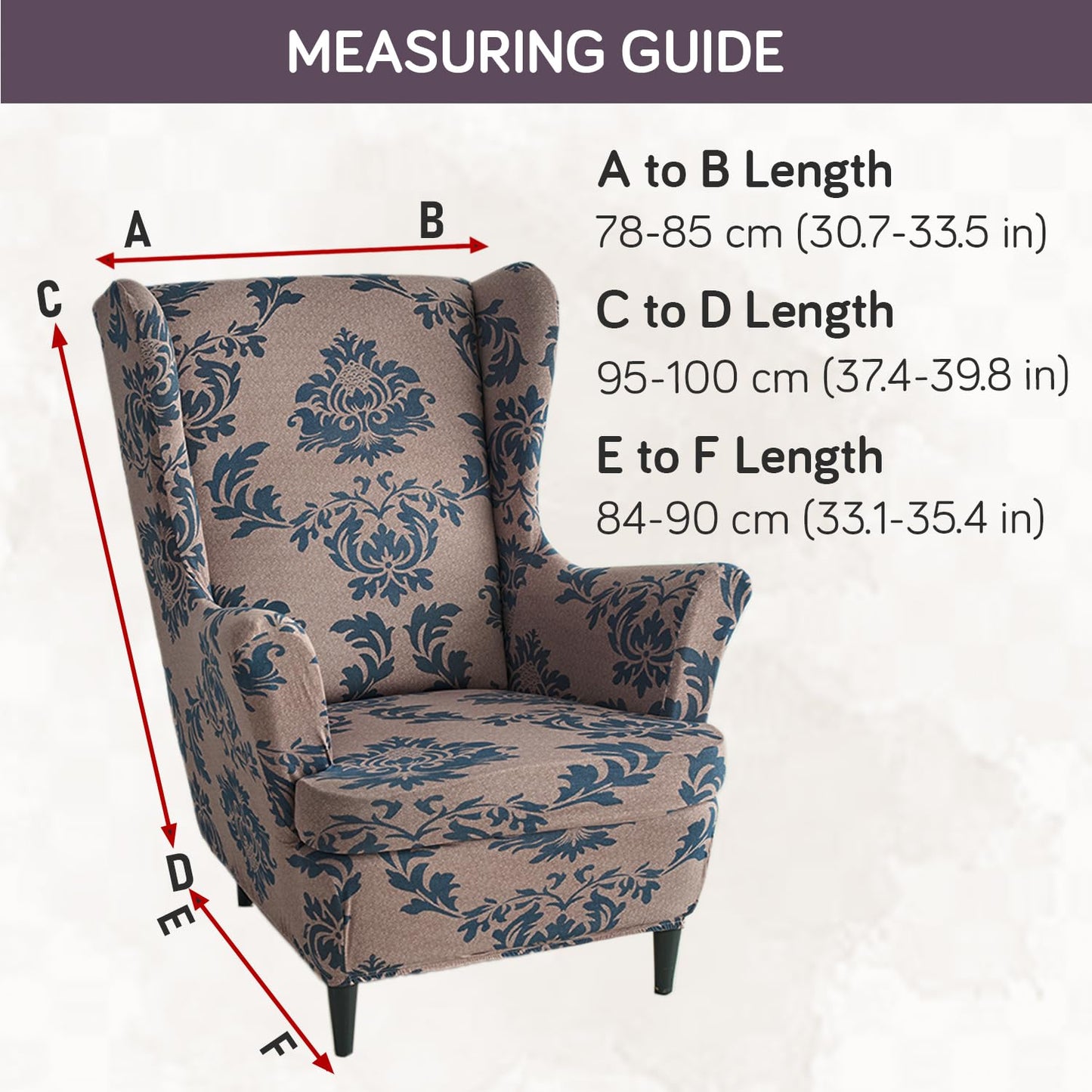 Light Coffee Lotus Damask Stretchable Chair Cover for Wingback Chair size guide