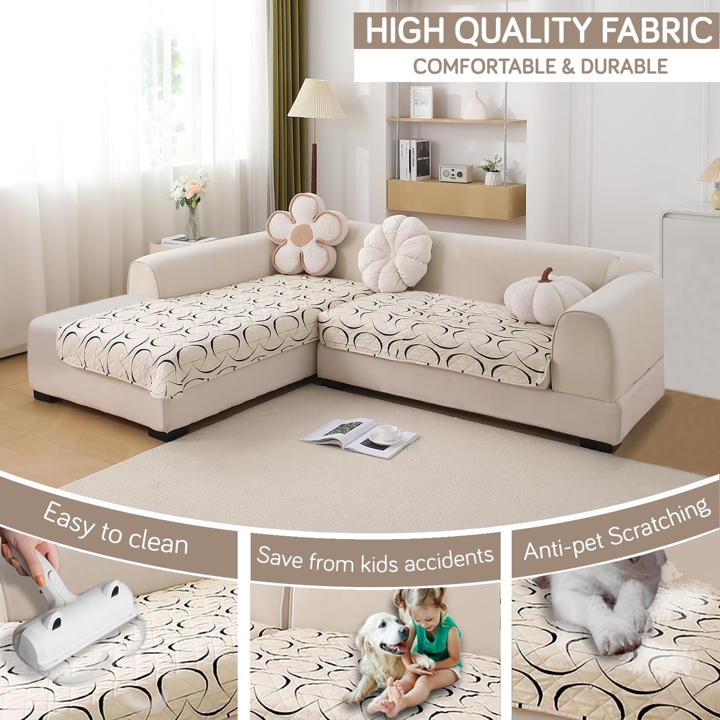 HOKIPO Waterproof Printed Quilted Quick Dry L Shape Sofa Seat Cover Mat, Natural Beige Abstract Art