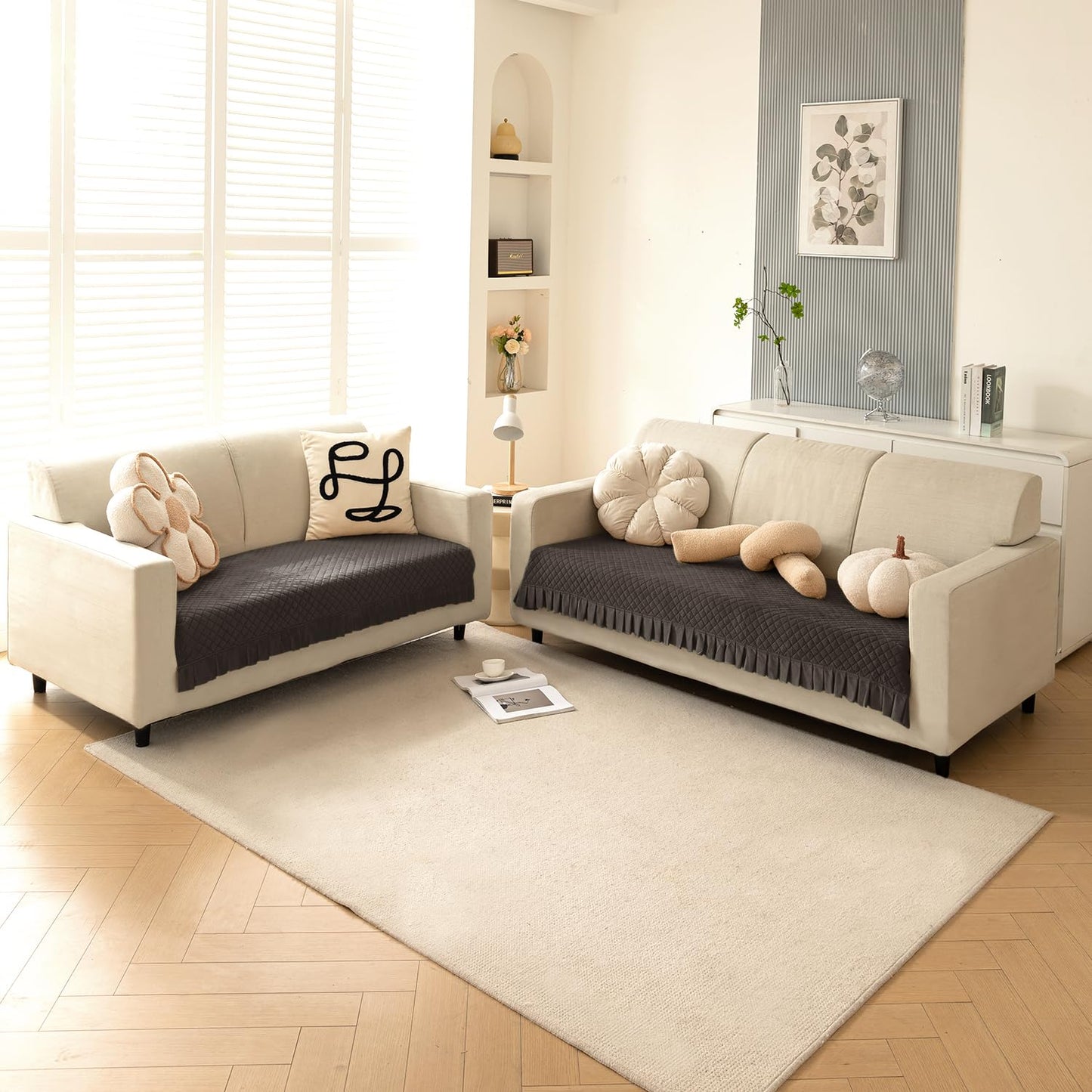 Holland Velvet Sofa Cover Seat Mat with Frill for 1/2/3 - Seater, Dark Grey