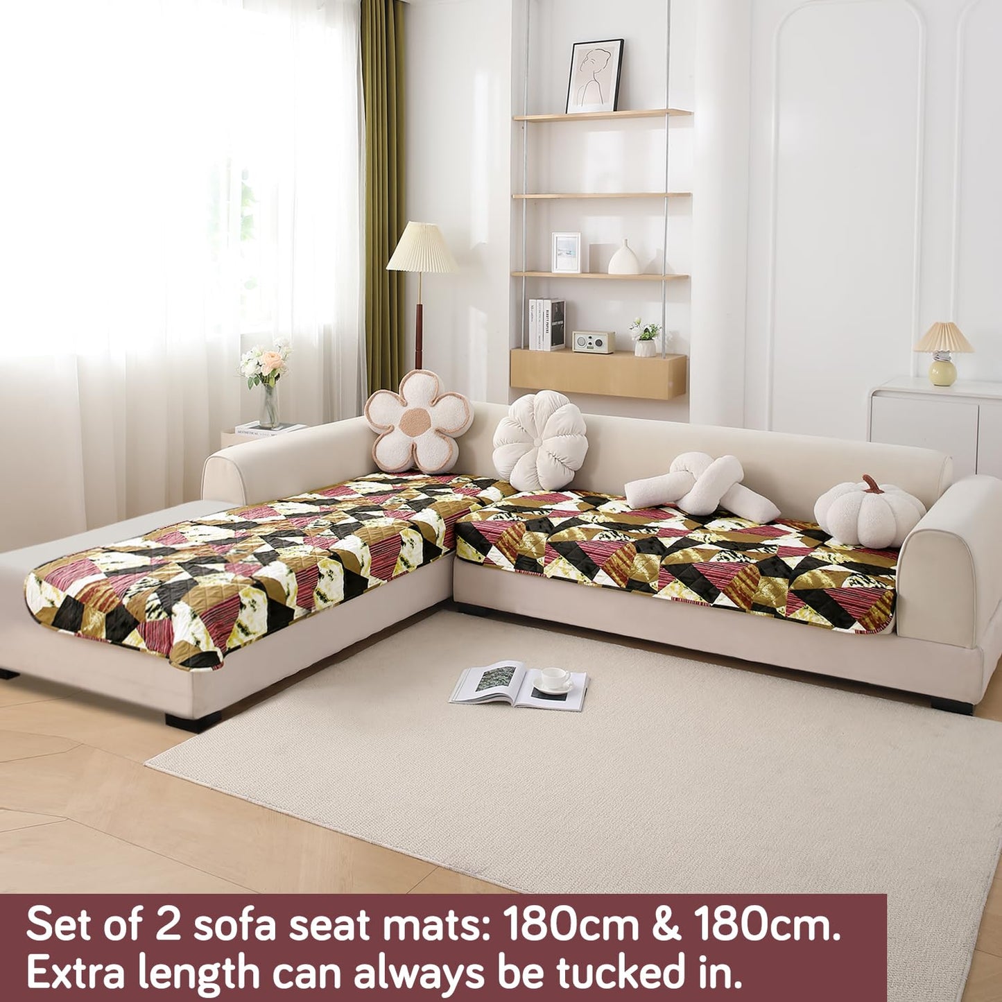 HOKIPO Waterproof Printed Quilted Quick Dry L Shape Sofa Seat Cover Mat, Wine Abstract Geometry