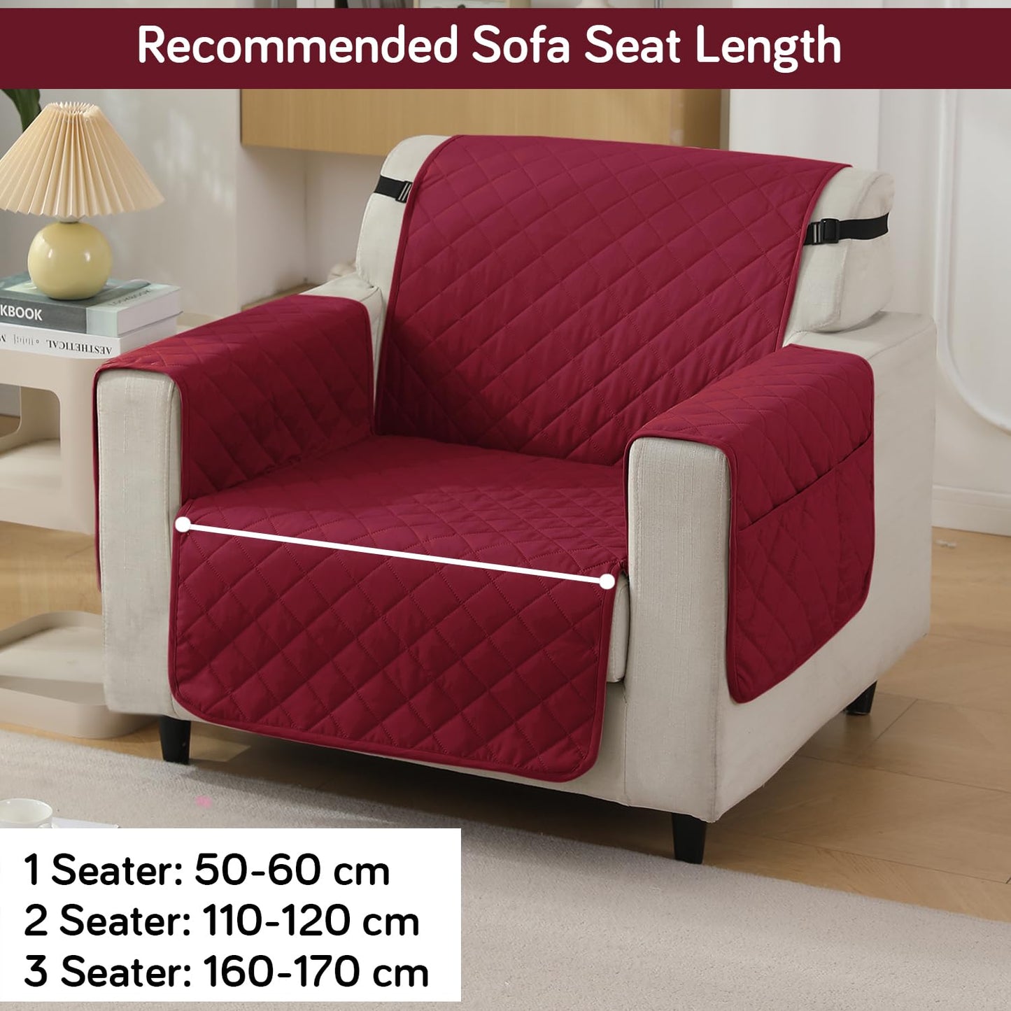 Quilted Waterproof Sofa Cover Mat with Pockets on Armrest Cover - Maroon