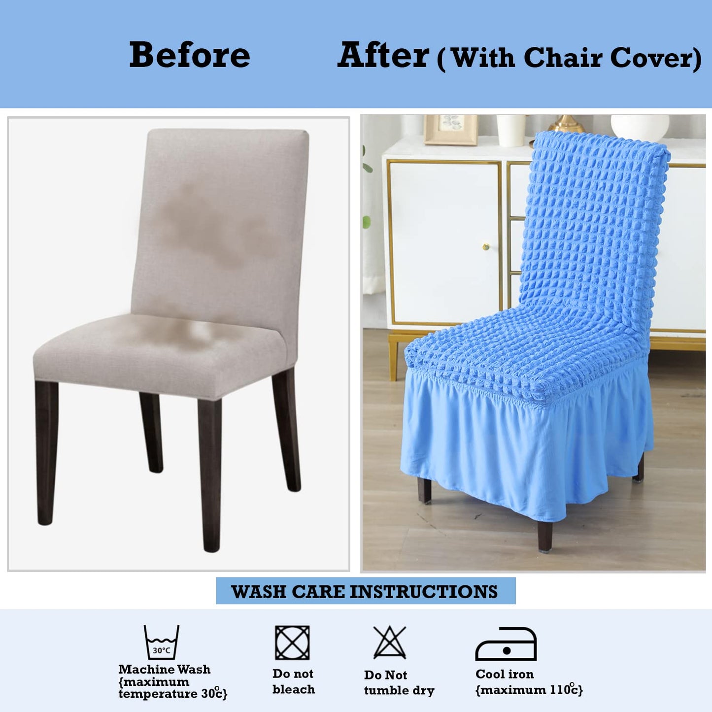 Elastic Stretchable 280 GSM Bubble Dining Chair Cover with Frill, Sky Blue