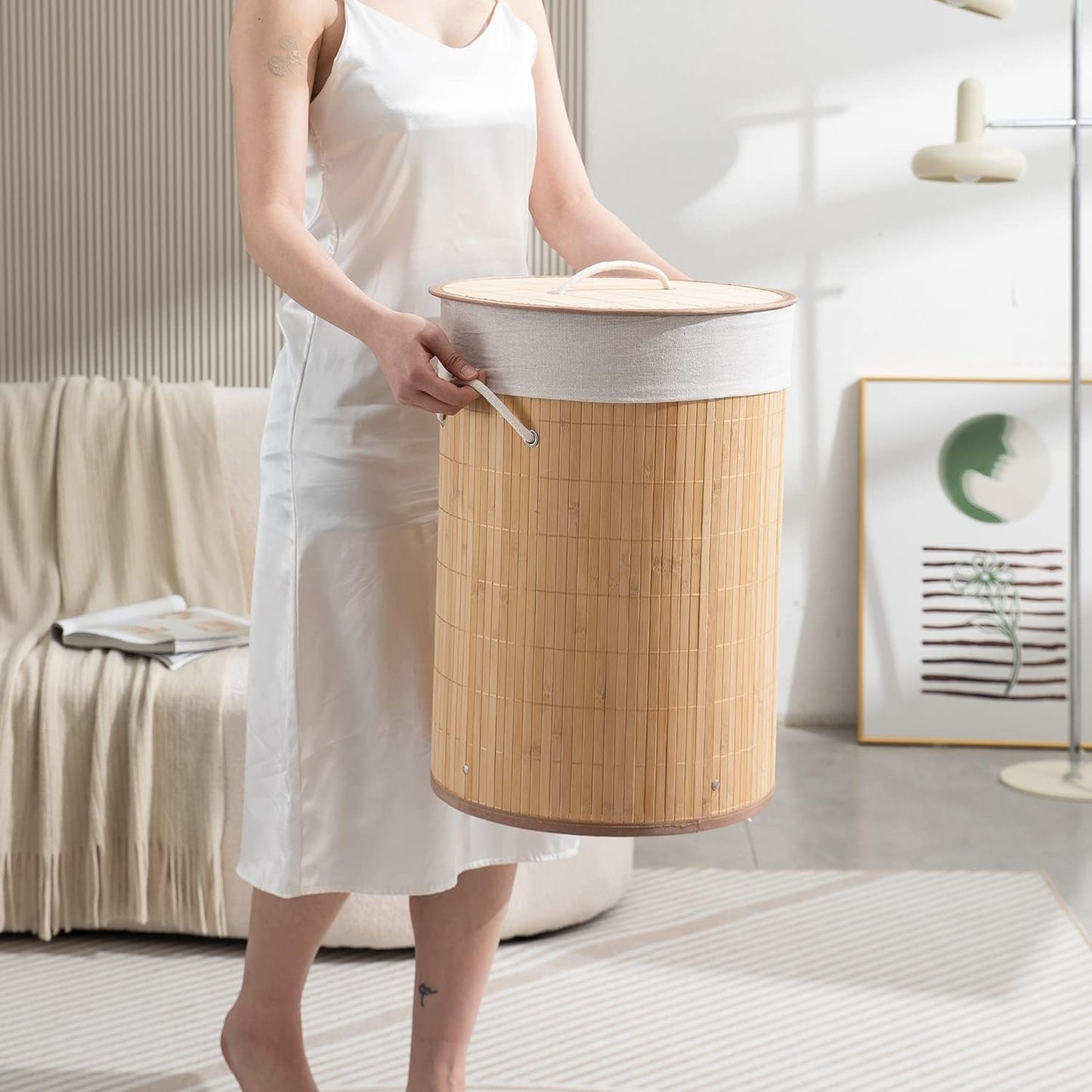 Eco-Friendly Foldable Bamboo Laundry Basket Hamper with Lid, Large - 57 Liter, Light Brown