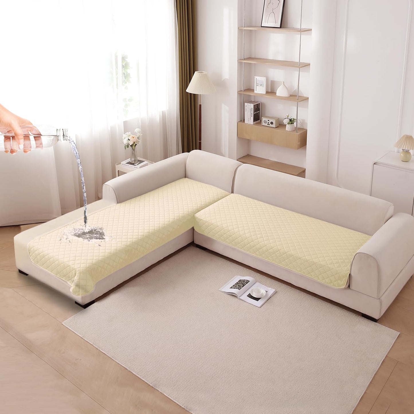 HOKIPO Waterproof Quilted Quick Dry L Shape Sofa Seat Cover Mat, Beige