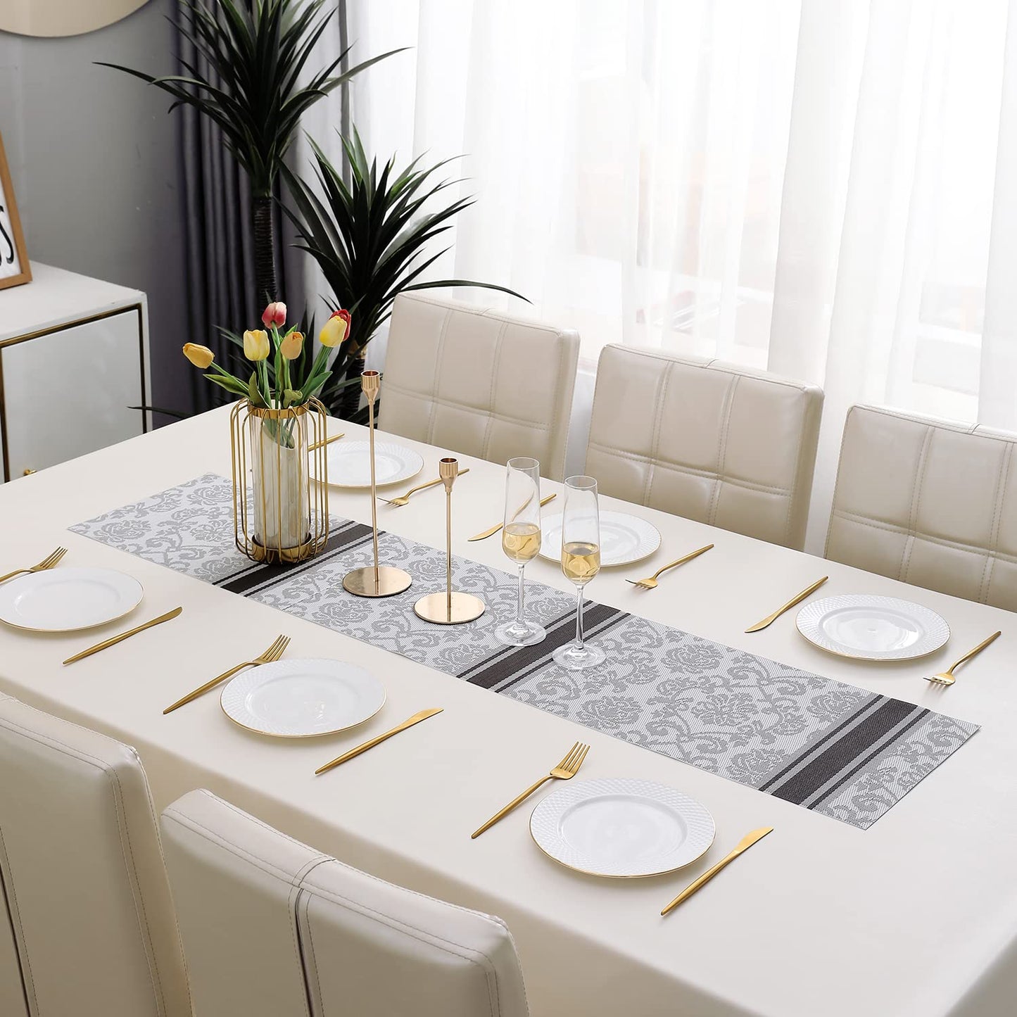 PVC Table Runner Dinner and Coffee Table, 30x135 cm, Damask Grey