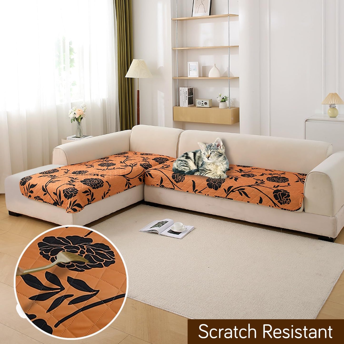 Waterproof Printed Quilted Quick Dry L Shape Sofa Seat Cover Mat, Copper Brown Floral
