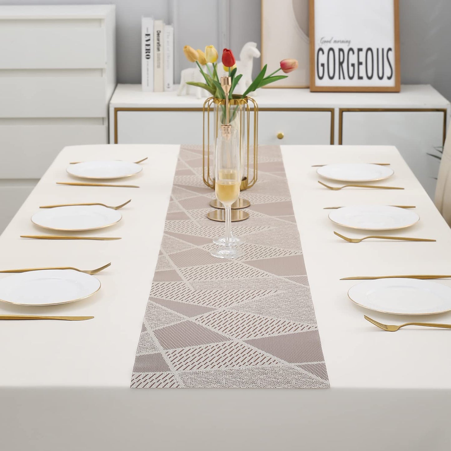 PVC Table Runner, Abstract Beige