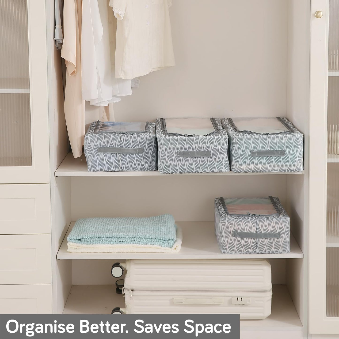 Cloth Organizer with Metal Frame | Moisture & Moth Resistant Wardrobe Organizer | Living Box for Clothes, Grey leaf