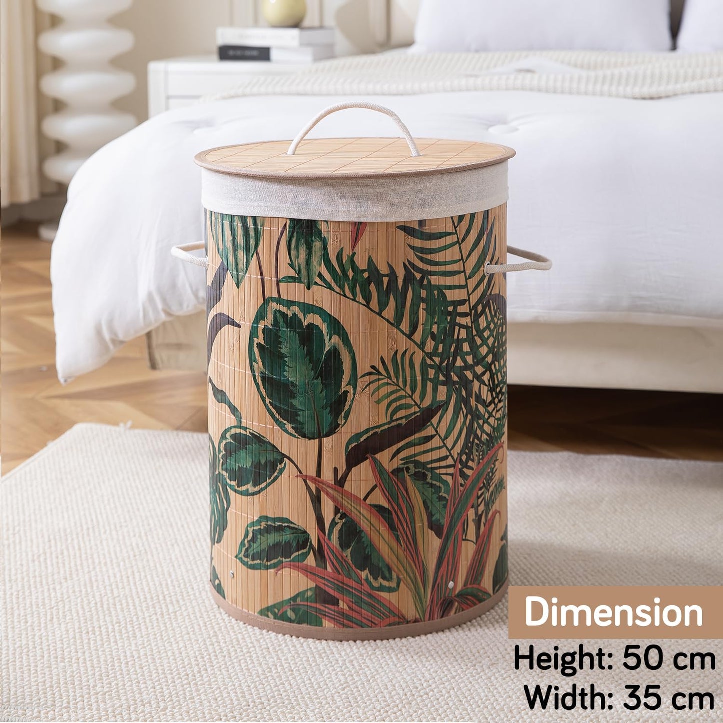 Eco-Friendly Foldable Bamboo Laundry Basket Hamper with Lid, Large, 61 Litre, Ficus Leaves