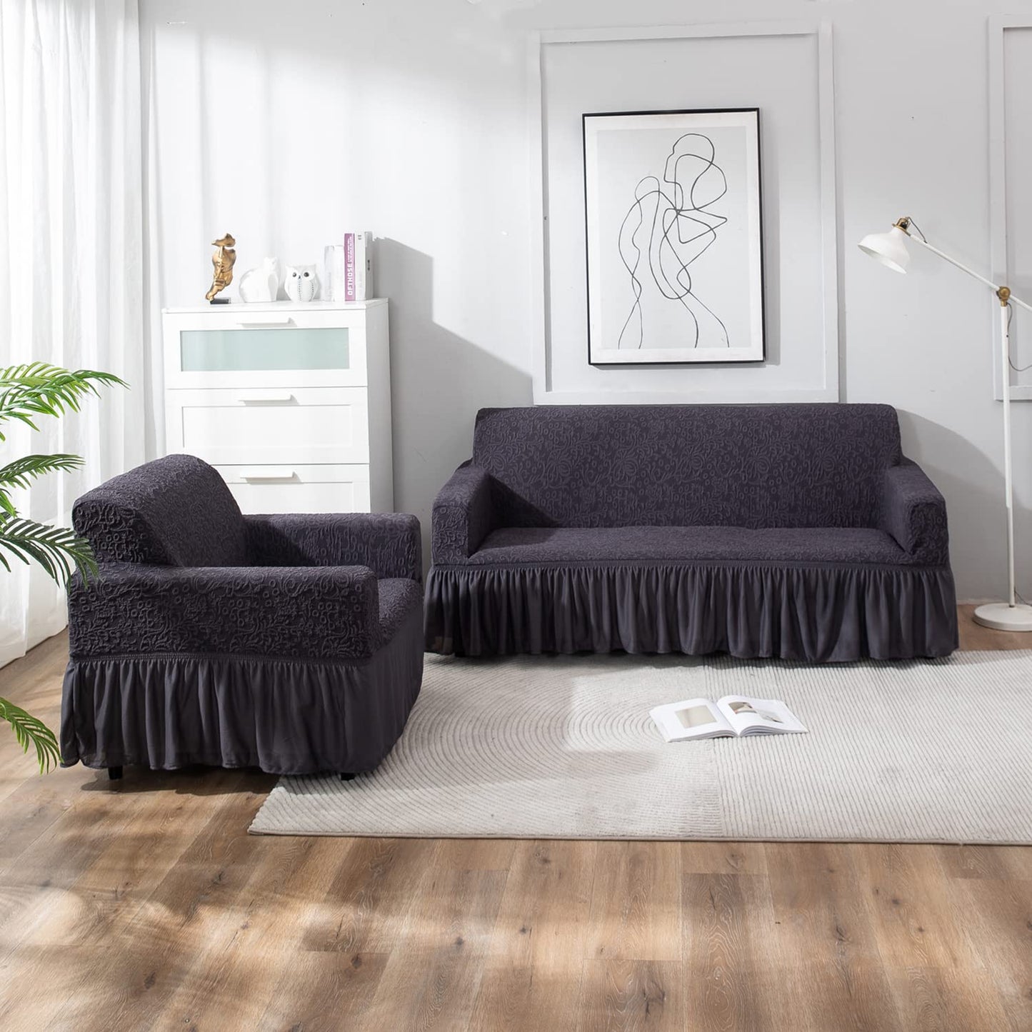 Abbey Grey designer woven jacquard frill sofa cover 3 1