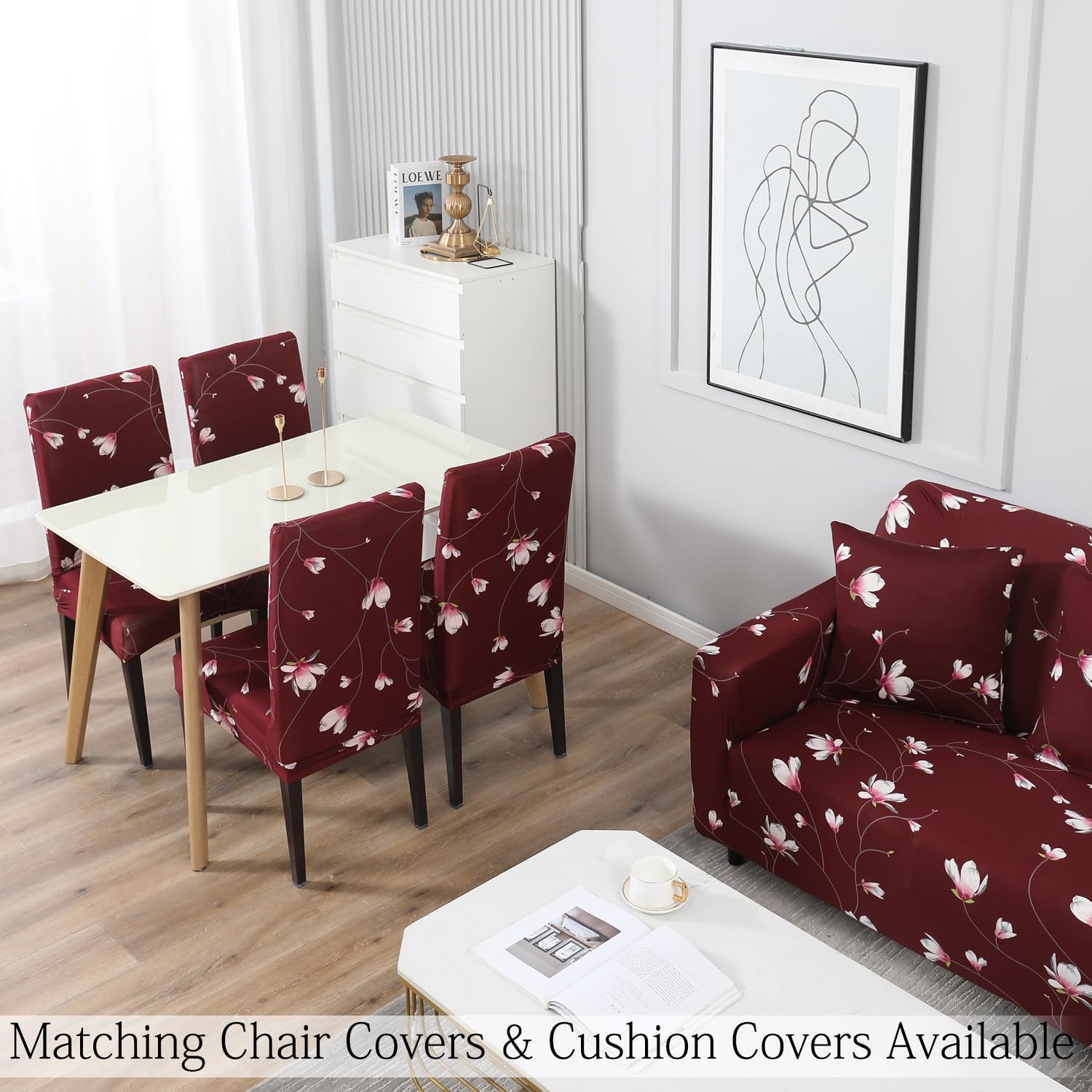 wine red floral print matching elastic chair cover and sofa cover set