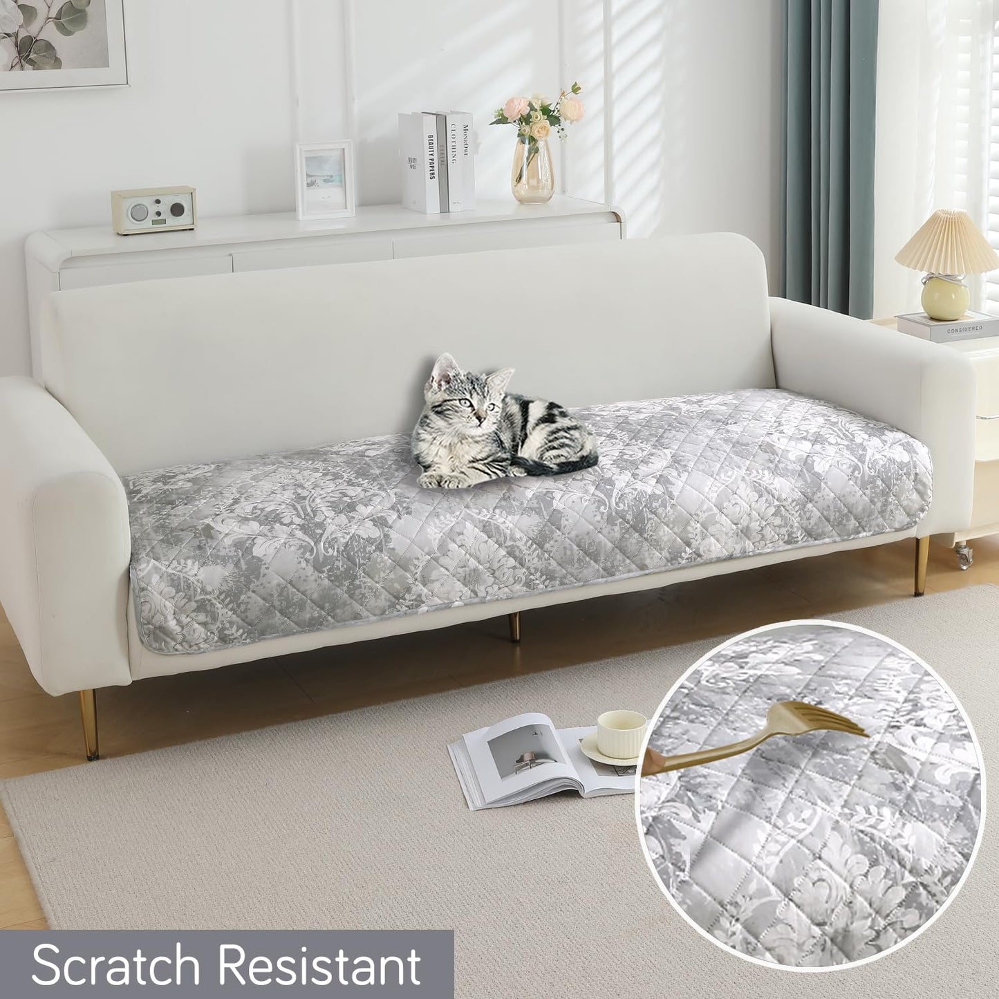 Quilted, Waterproof and Anti-Slip Sofa Cover Mat, Motifs Cloud Grey