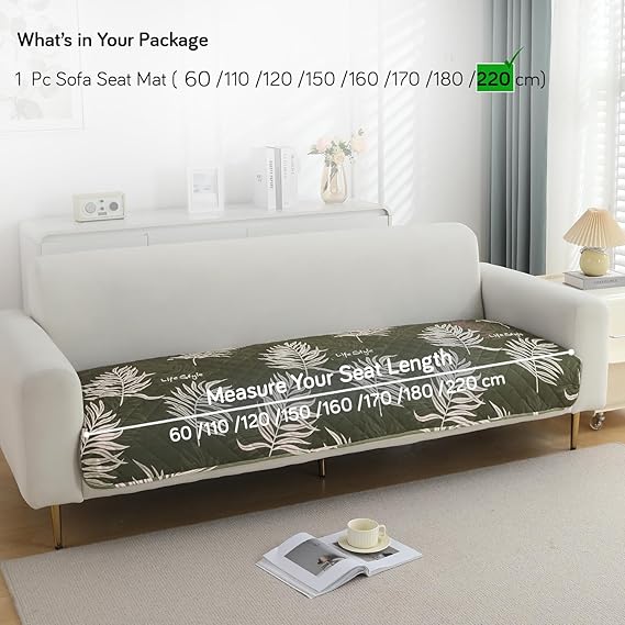 Quilted, Waterproof and Anti-Slip Sofa Cover Mat, Palm Leaves Olive