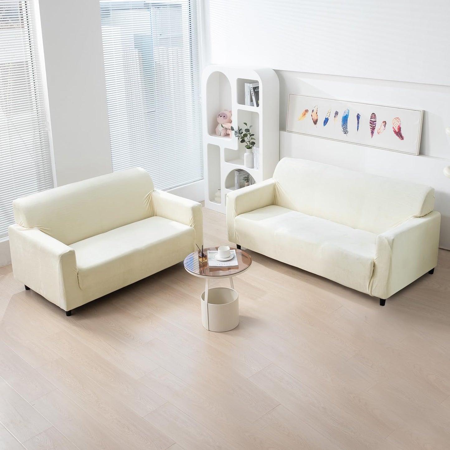 Beige premium elastic stretchable velvet sofa cover for 3 2 seater sofa