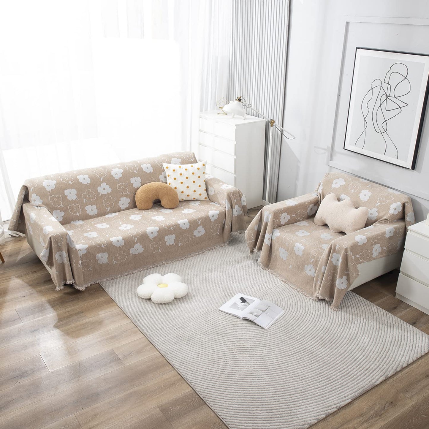 Beige Floral, Thick, Soft and Pet Friendly Chenille Sofa Cover Throw