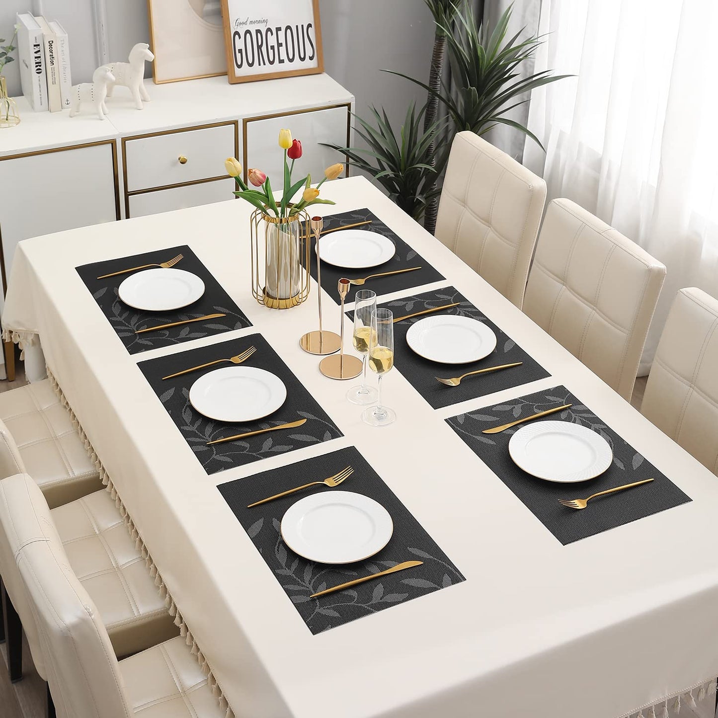 PVC Dining Table Mats, Black Leaves