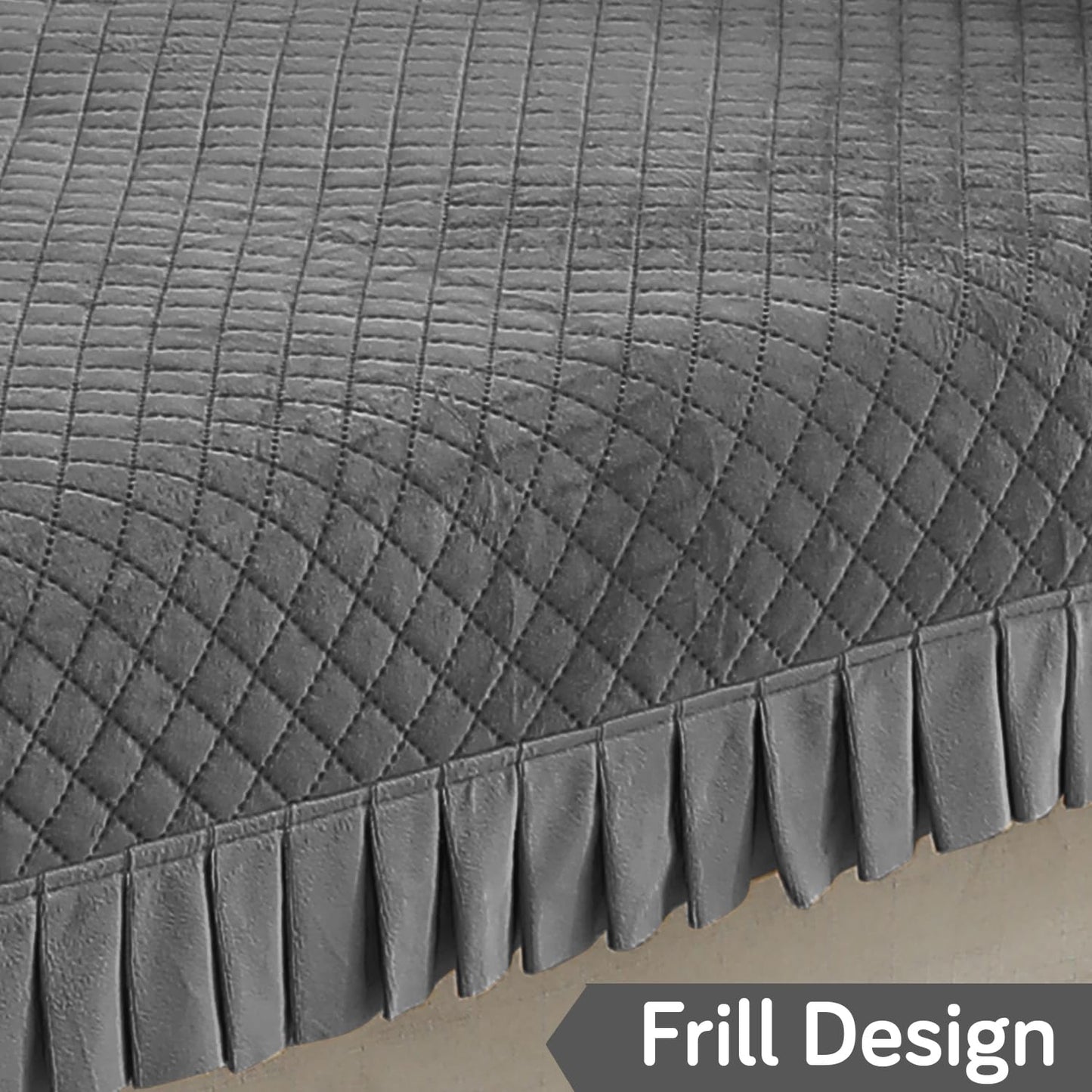 Holland Velvet Sofa Cover Seat Mat with Frill for 1/2/3 - Seater, Grey