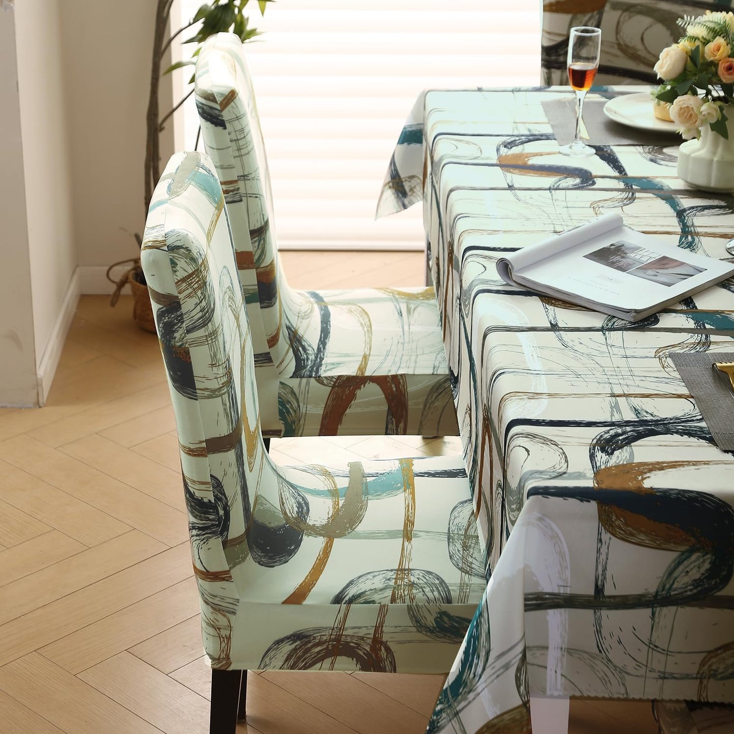 Elastic Dining Chair Covers with Matching Tablecloth, Parchement Beige Abstract Art