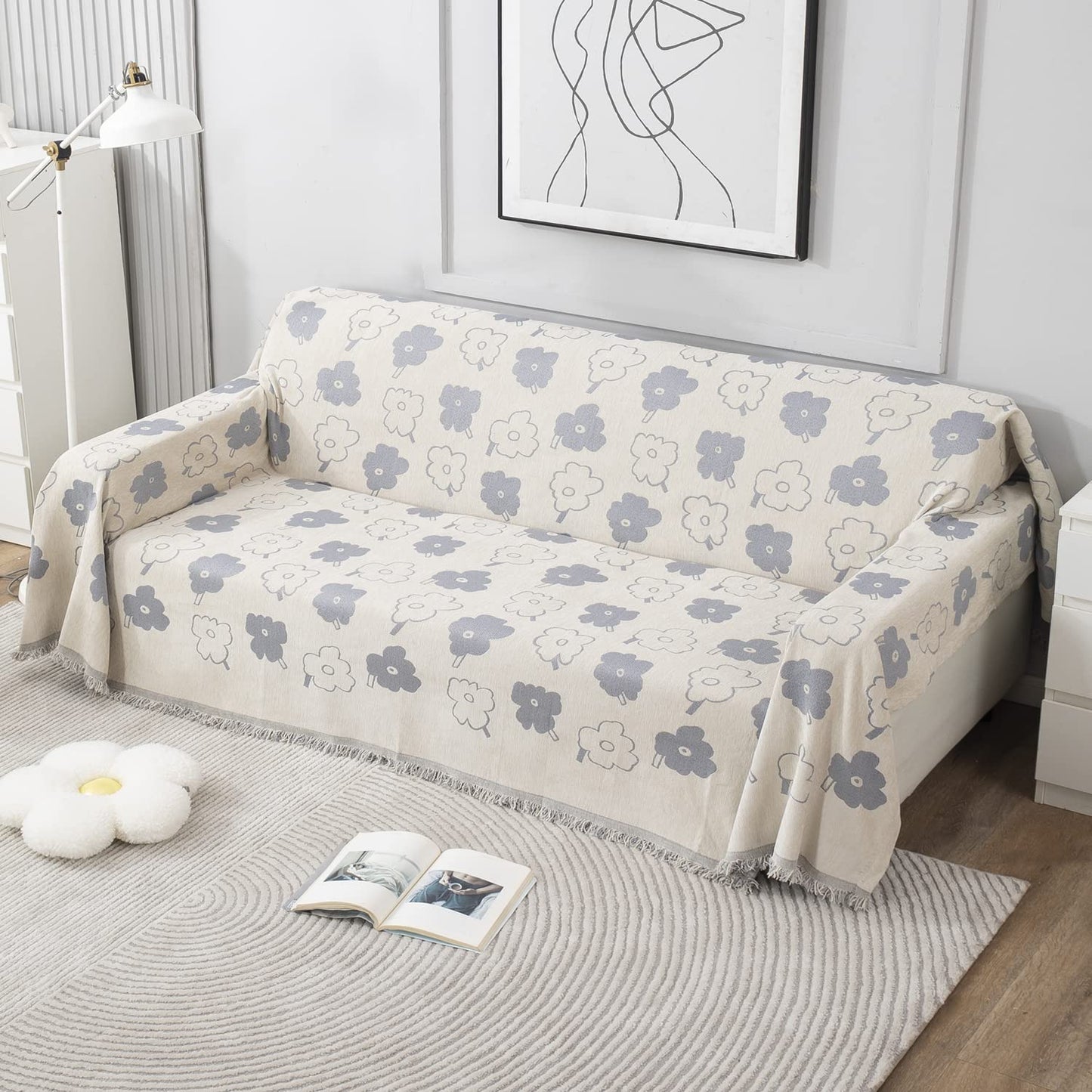 off white floral print chenille sofa throws, machine washable, & available for 1, 2, 3 seater sofas