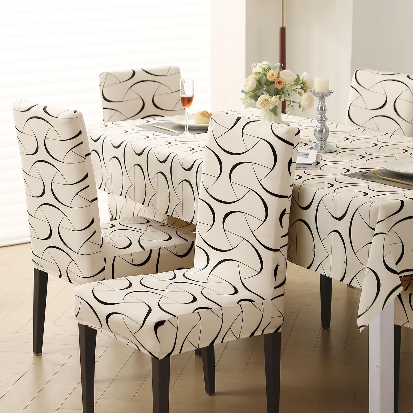 Elastic Dining Chair Covers with Matching Tablecloth, Natural Beige Abstract Art