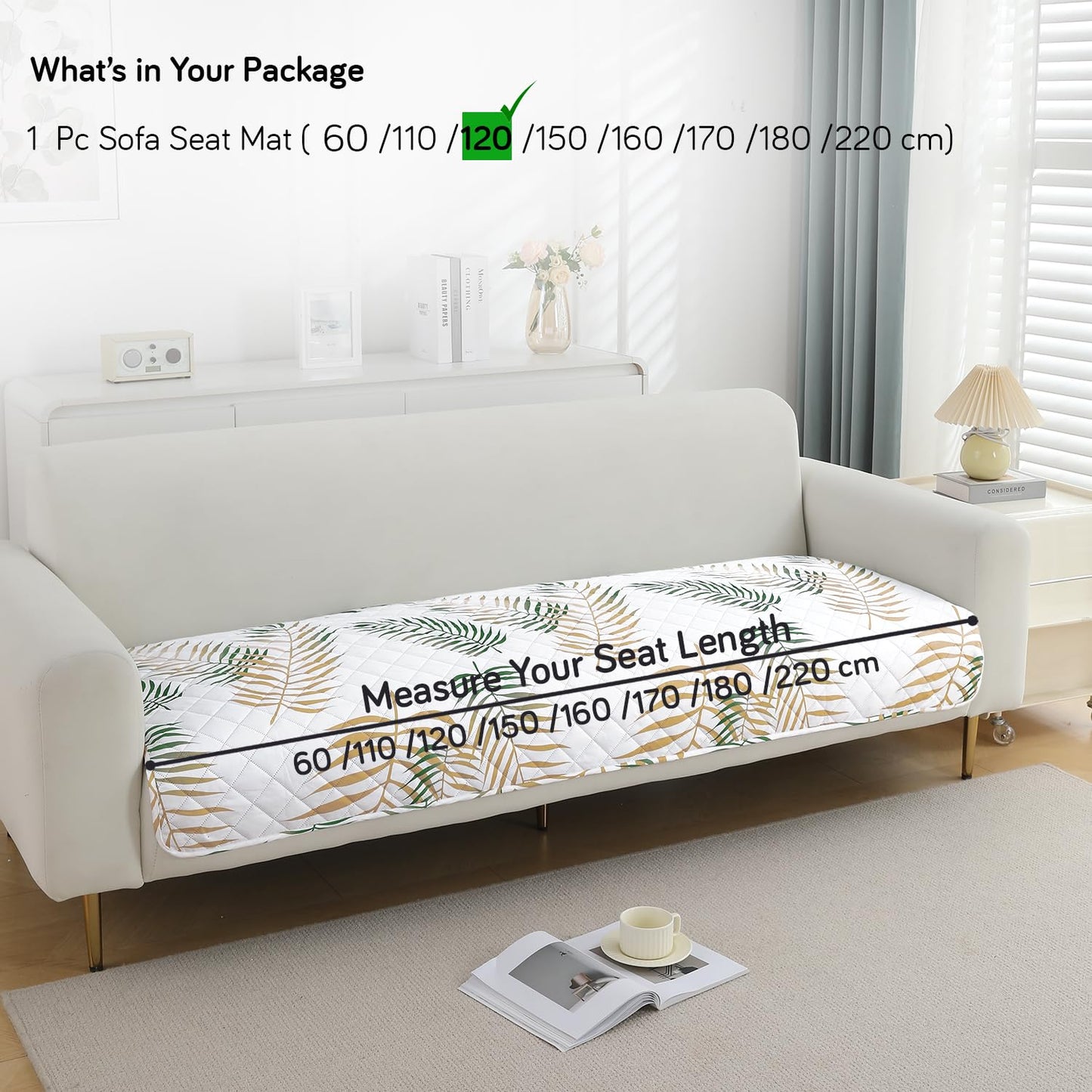Quilted, Waterproof and Anti-Slip Sofa Cover Mat, Palm Leaves Forest Green