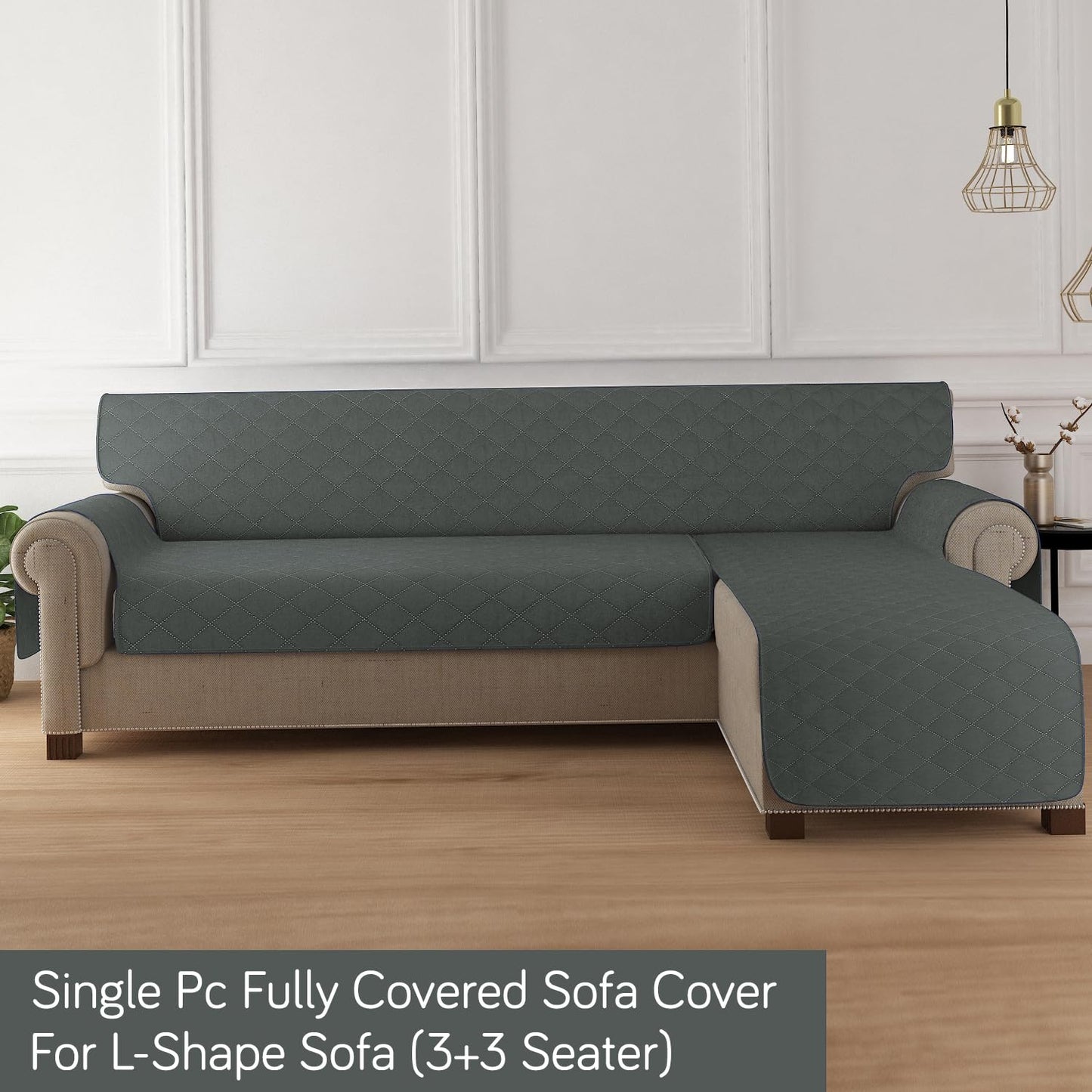 HOKIPO Quilted Reversible One Piece L Shape 4/5/6 Seater Sofa Cover Mat, Dark Grey