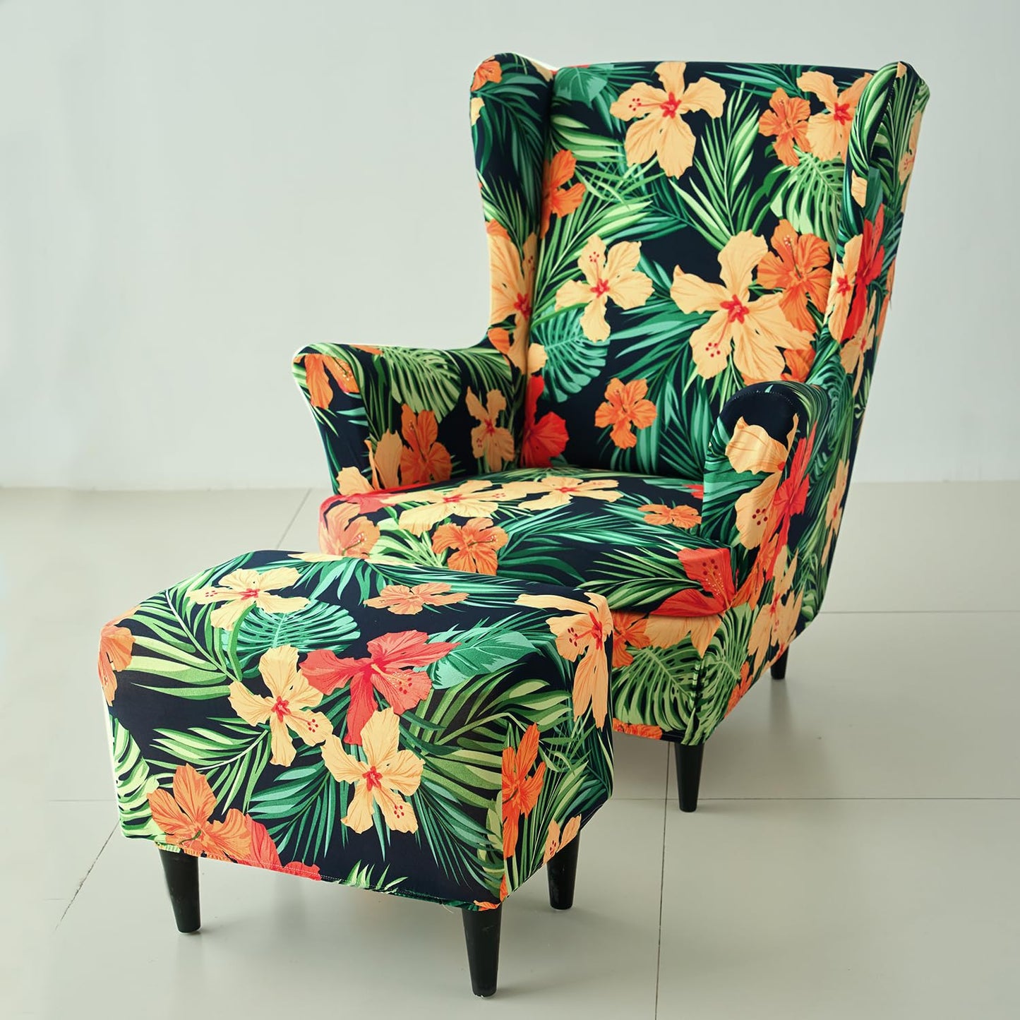 Buy Sea Green hibiscus Stretchable Wingback Chair & Footstool Cover