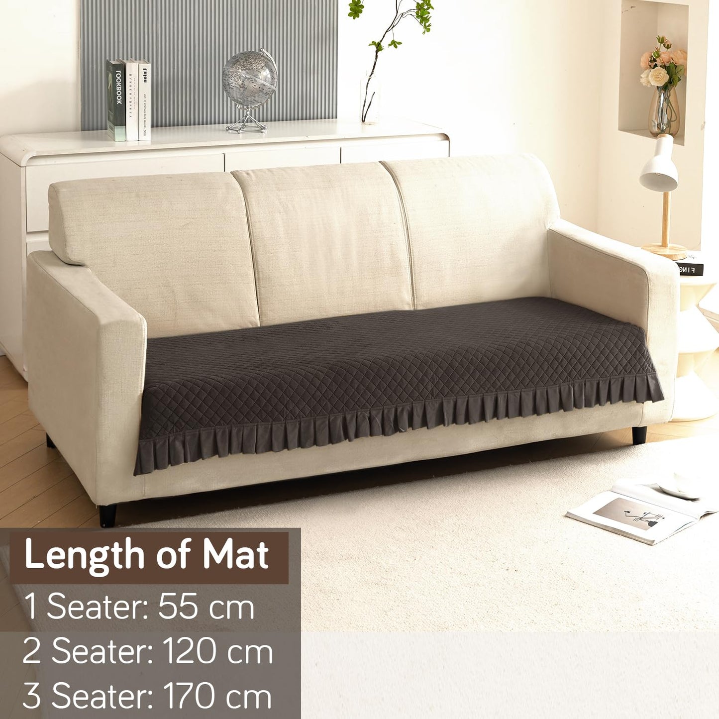 Holland Velvet Sofa Cover Seat Mat with Frill for 1/2/3 - Seater, Dark Grey