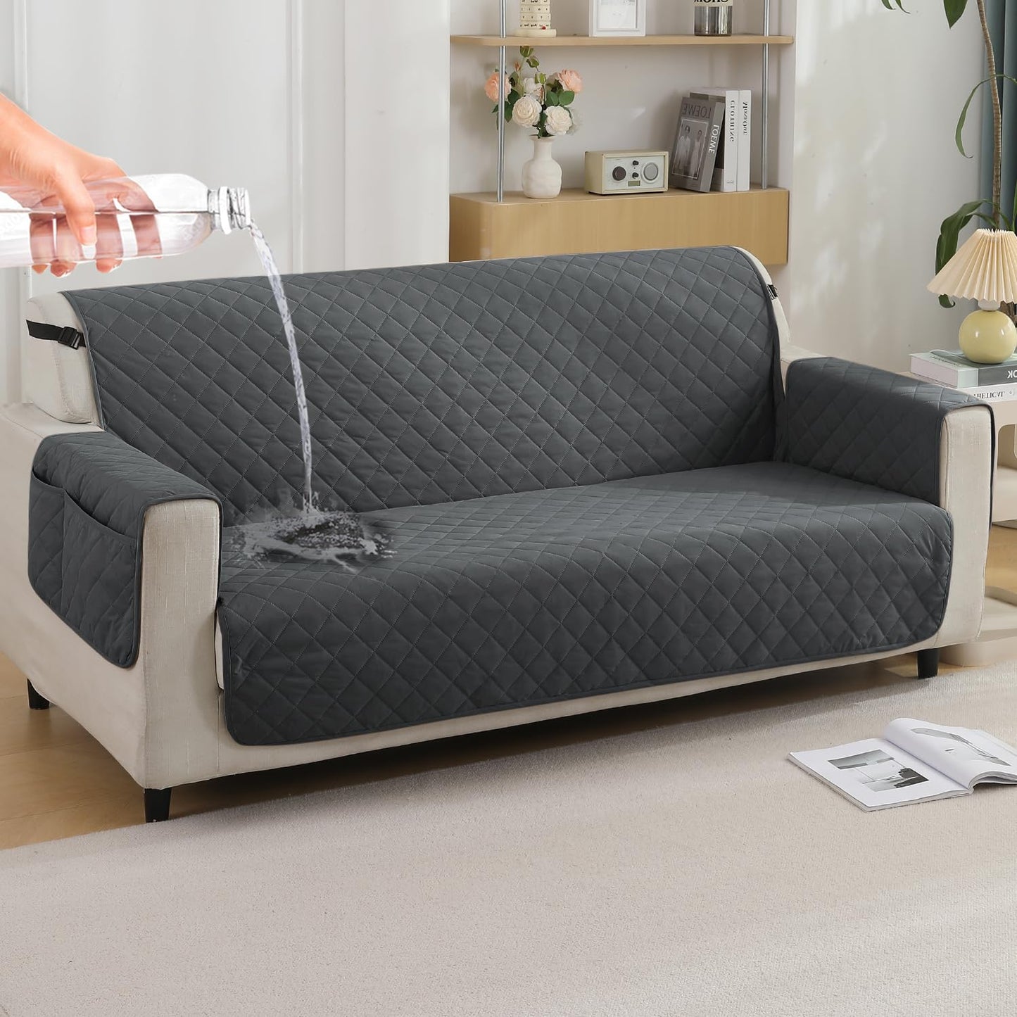 Quilted Waterproof Sofa Cover Mat with Pockets on Armrest Cover - Grey