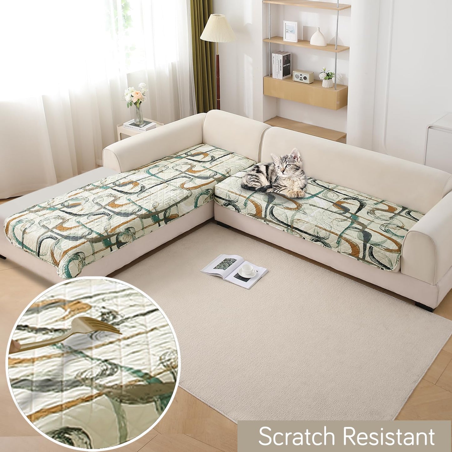 HOKIPO Waterproof Printed Quilted Quick Dry L Shape Sofa Seat Cover Mat, Parchement Beige Abstract Art