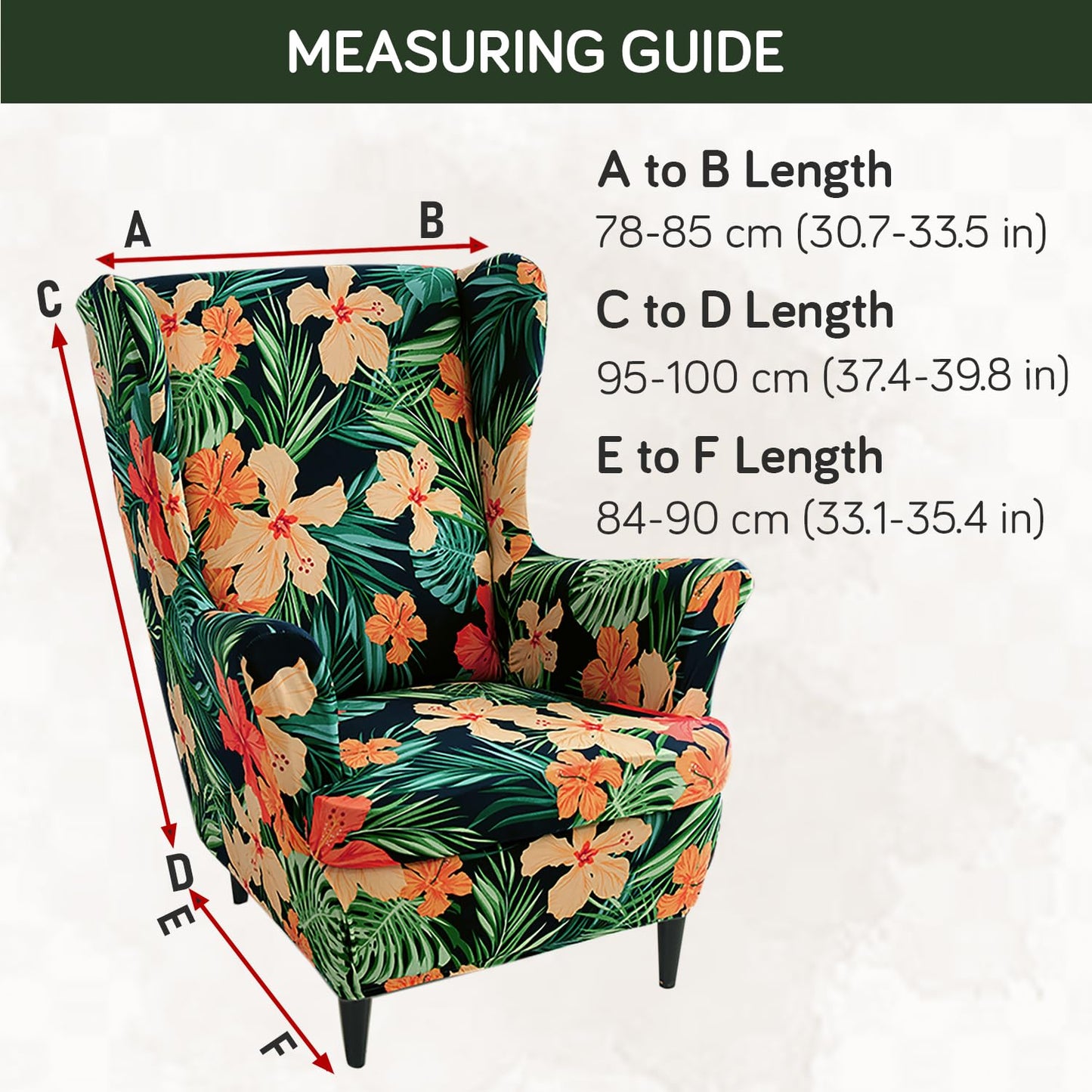 Sea Green hibiscus Stretchable Chair Cover for Wingback Chair size guide